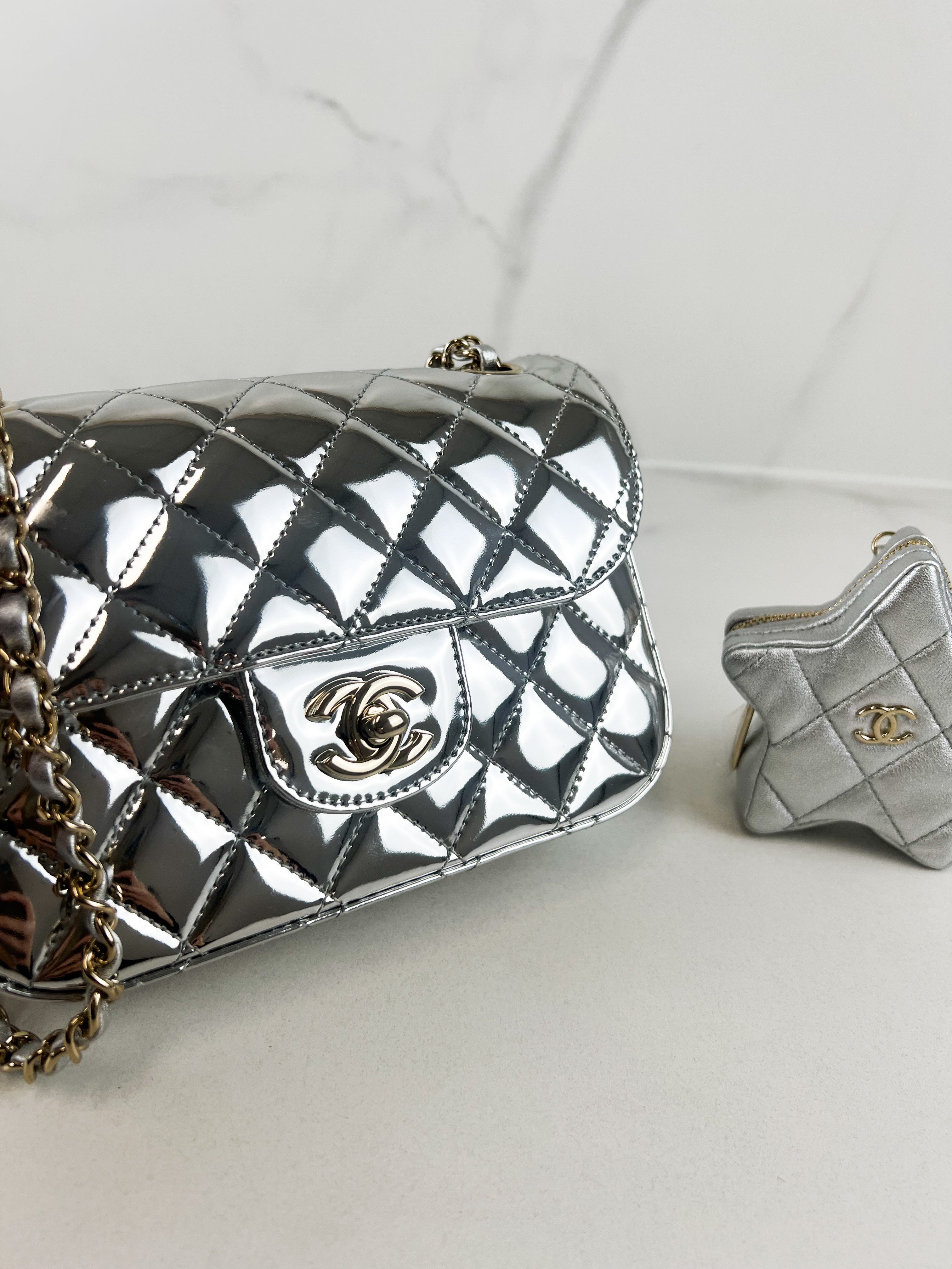 Chanel Patent Mini Square in Silver with SHW
