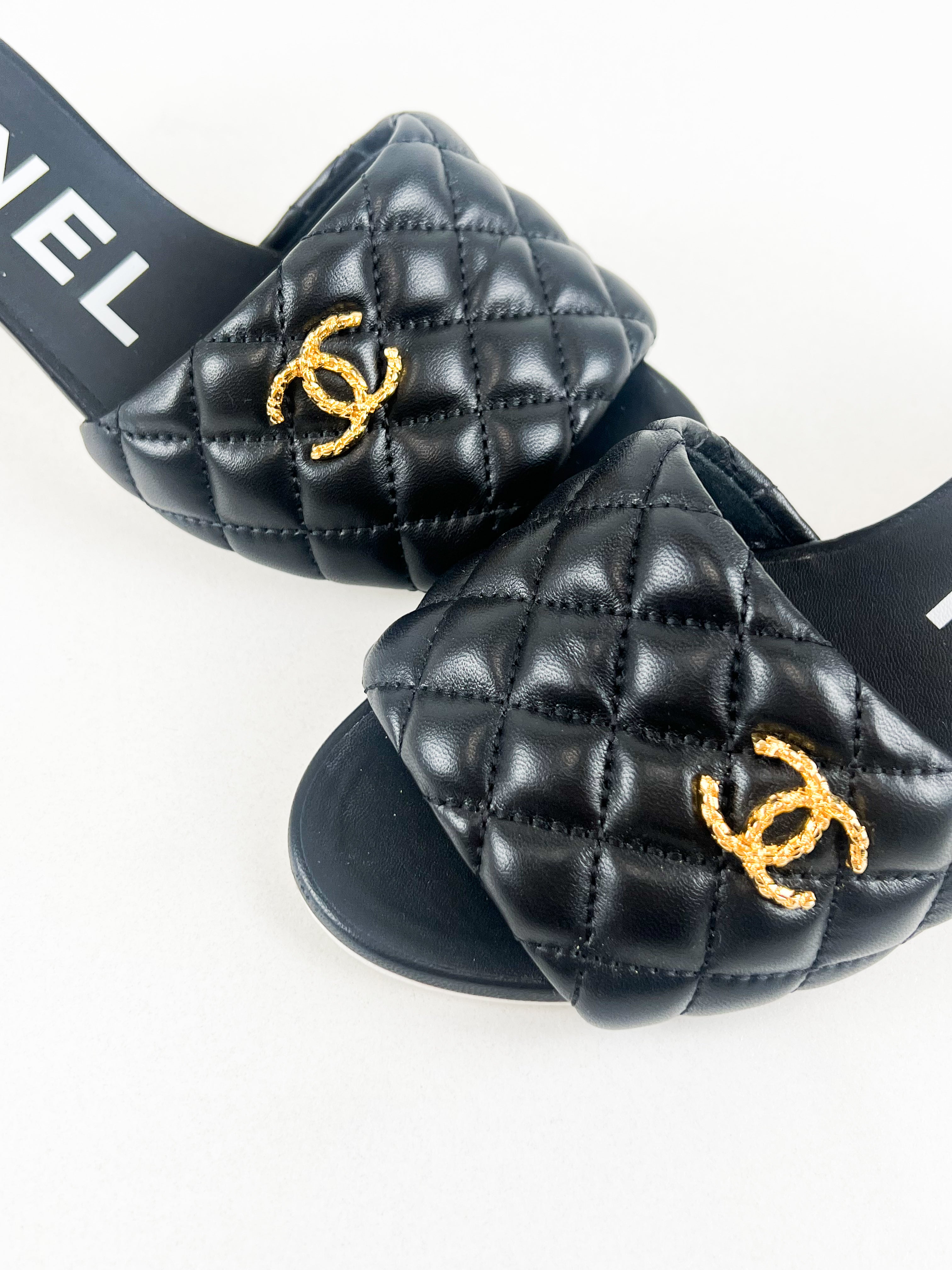 Chanel Black Lambskin Quilted Mules with Gold CC Logo