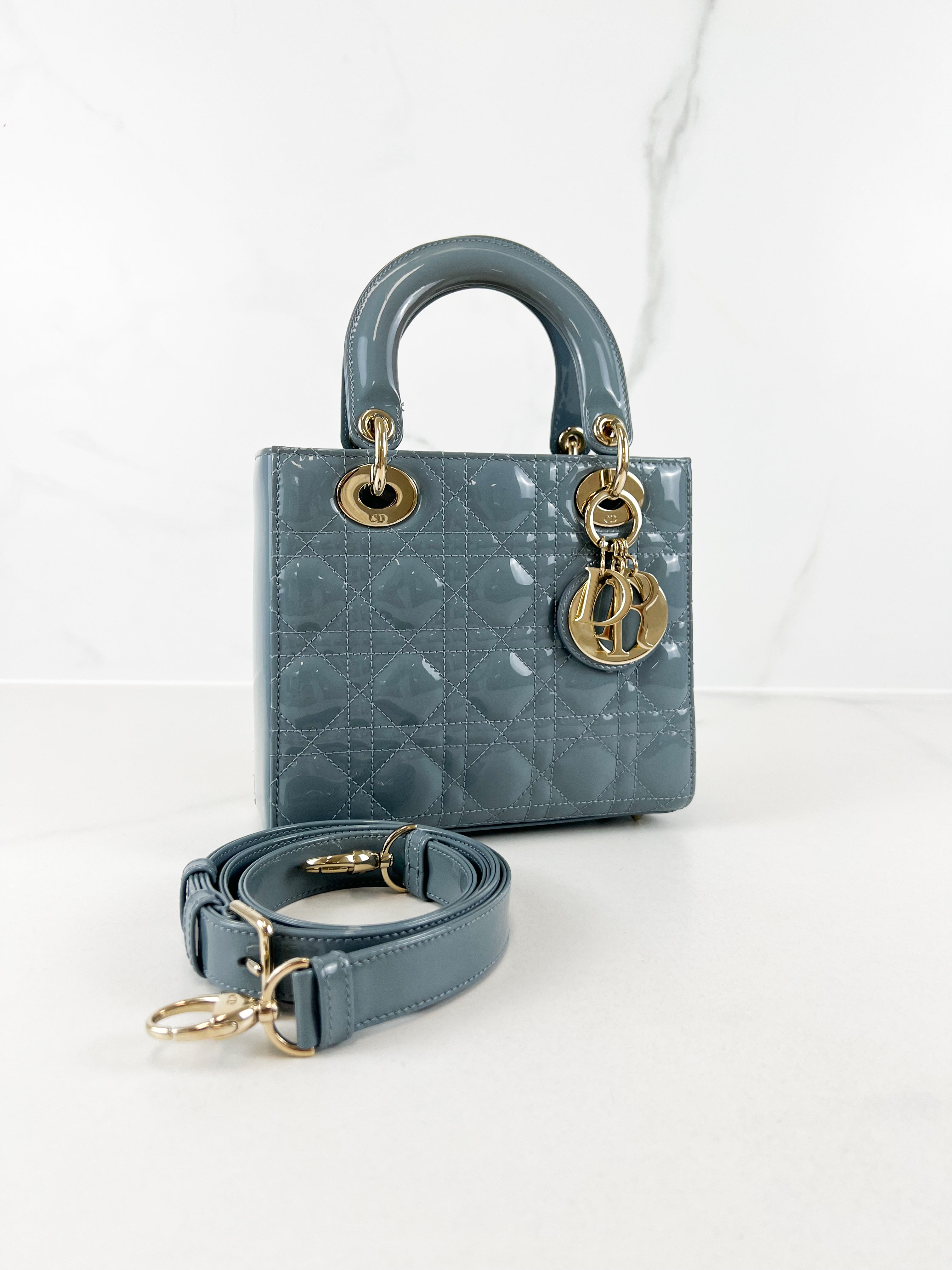 Christian Dior Small Lady Dior In Light Blue Patent with GHW