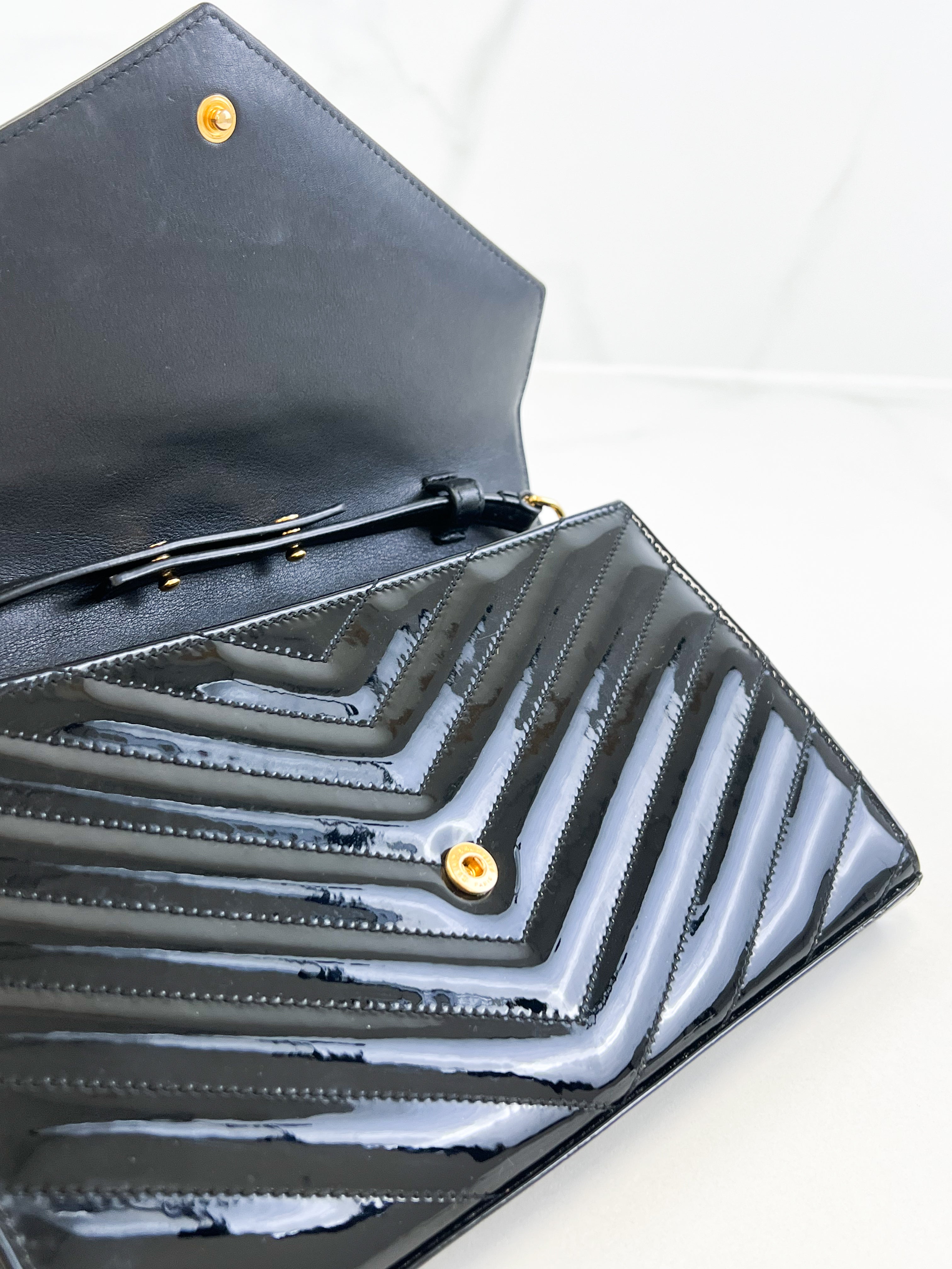 Saint Laurent Patent Black Cassandre Chain WOC with GHW