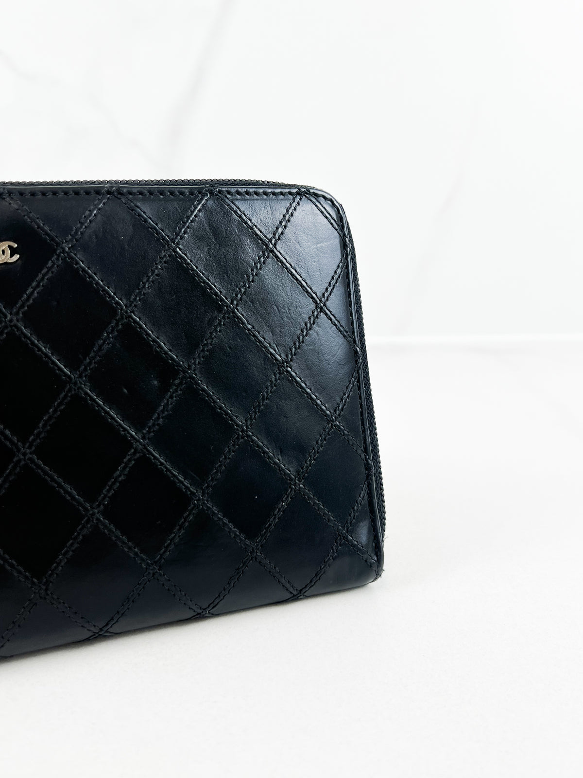 Chanel Quilted Stich Calfskin Zip Around Mini CC Wallet with SHW