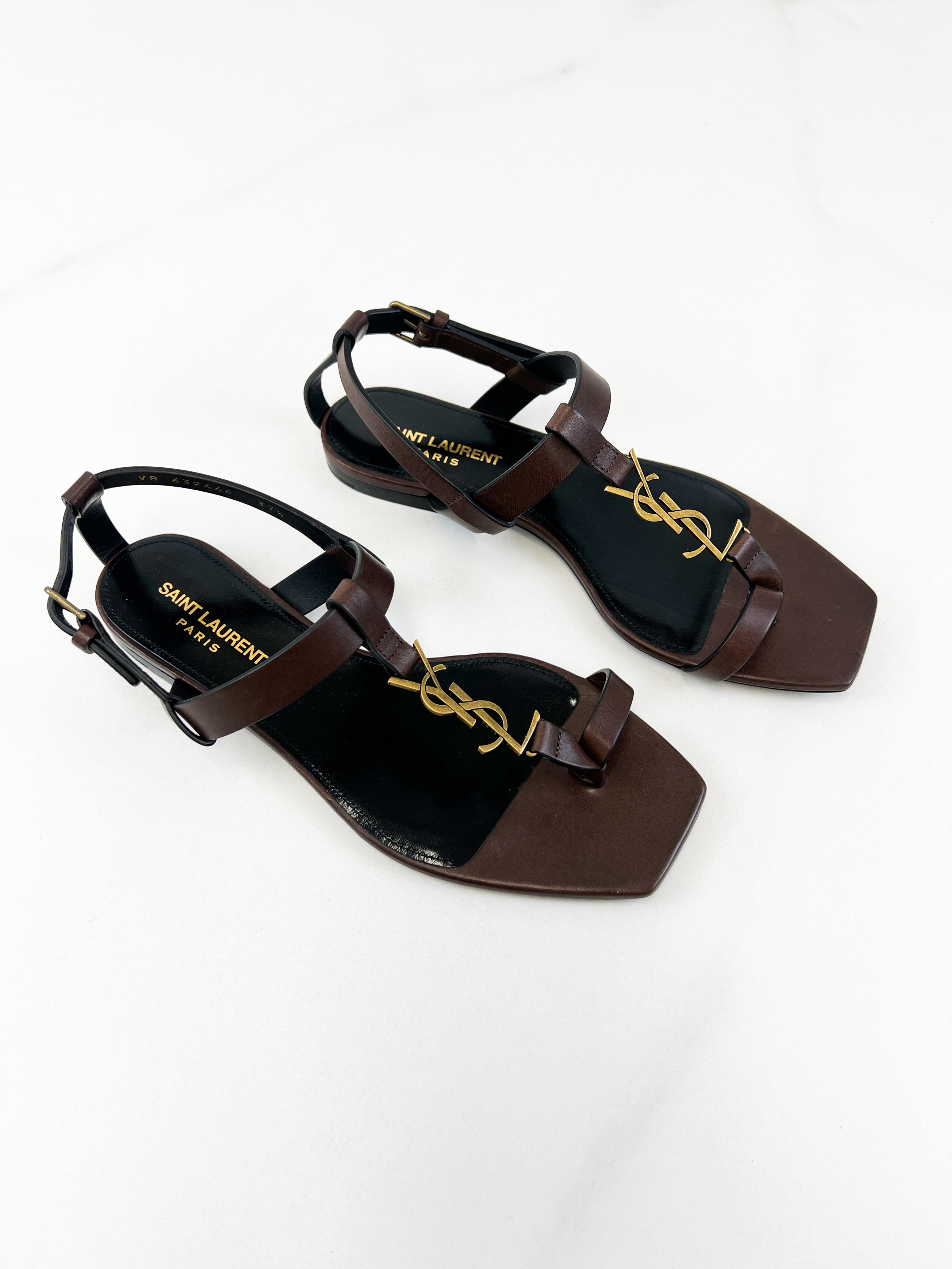 Saint Laurent Cassandra Flat Sandal in Chocolate Patent Leather 37.5