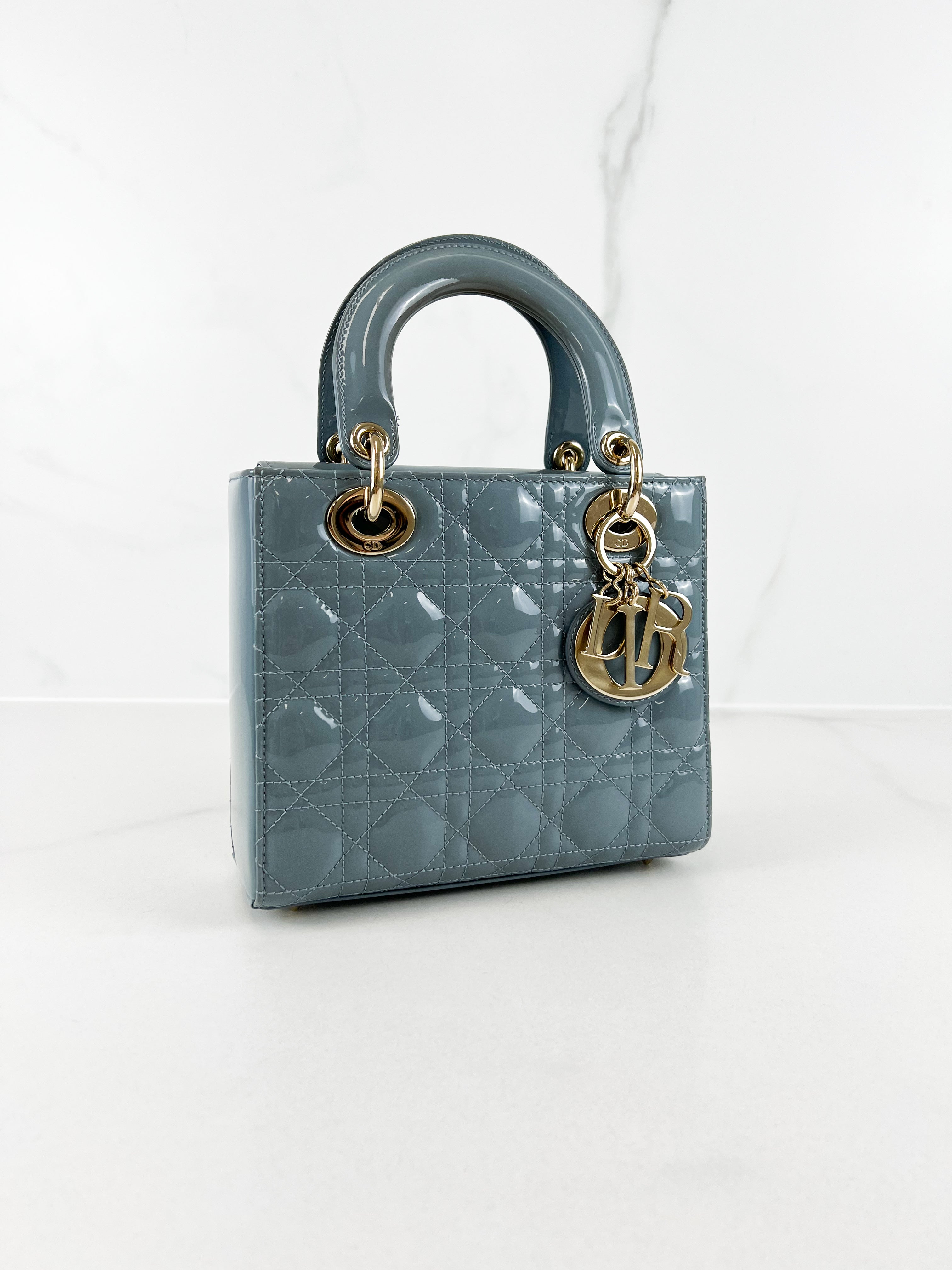 Christian Dior Small Lady Dior In Light Blue Patent with GHW