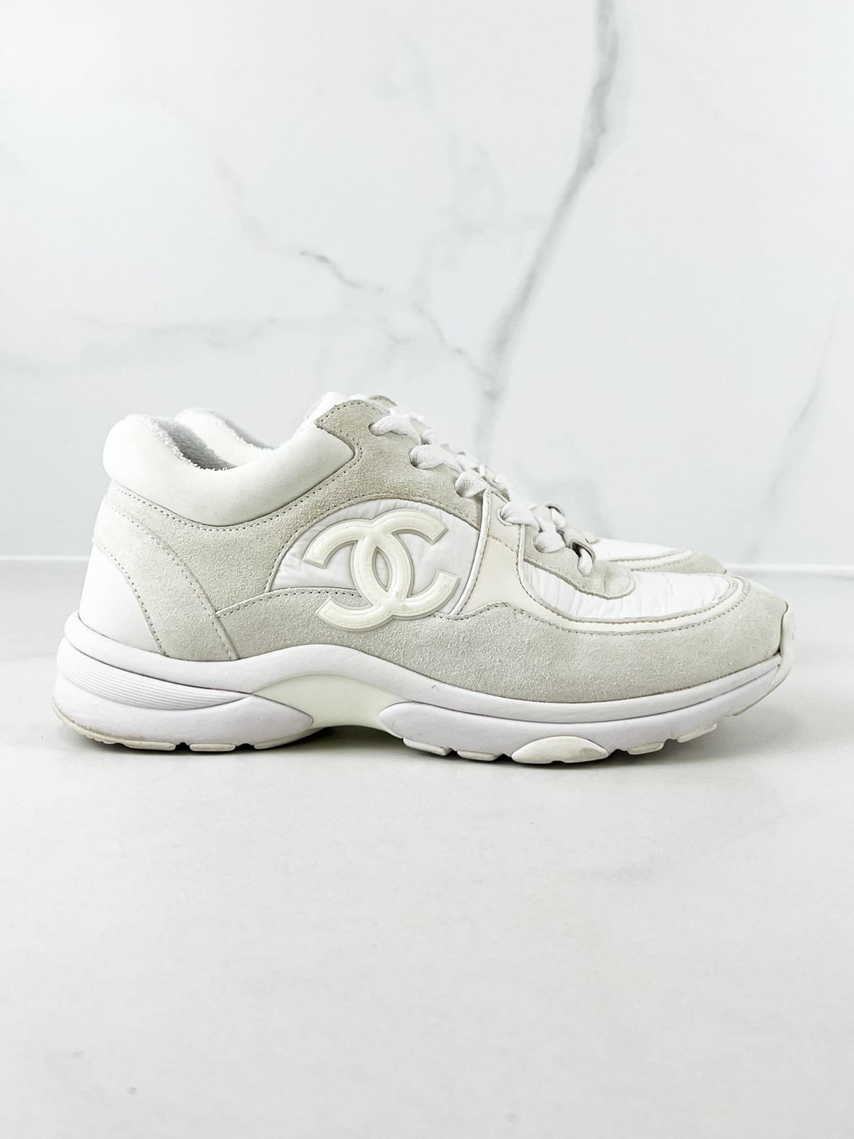 Chanel Fabric & Suede CC Low Top Sneakers In Ivory Size 37.5