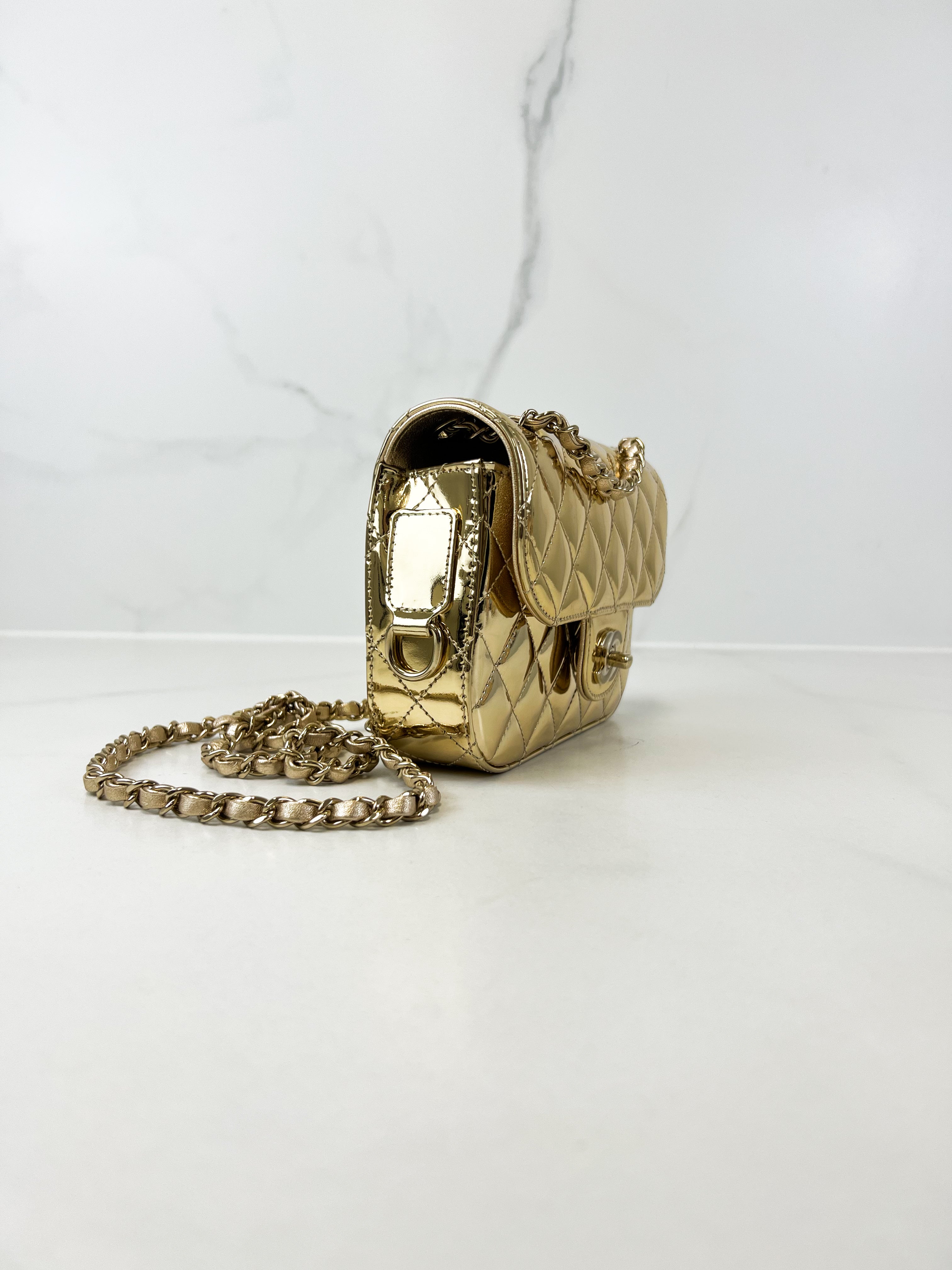 Chanel Patent Mini Square in Gold with GHW