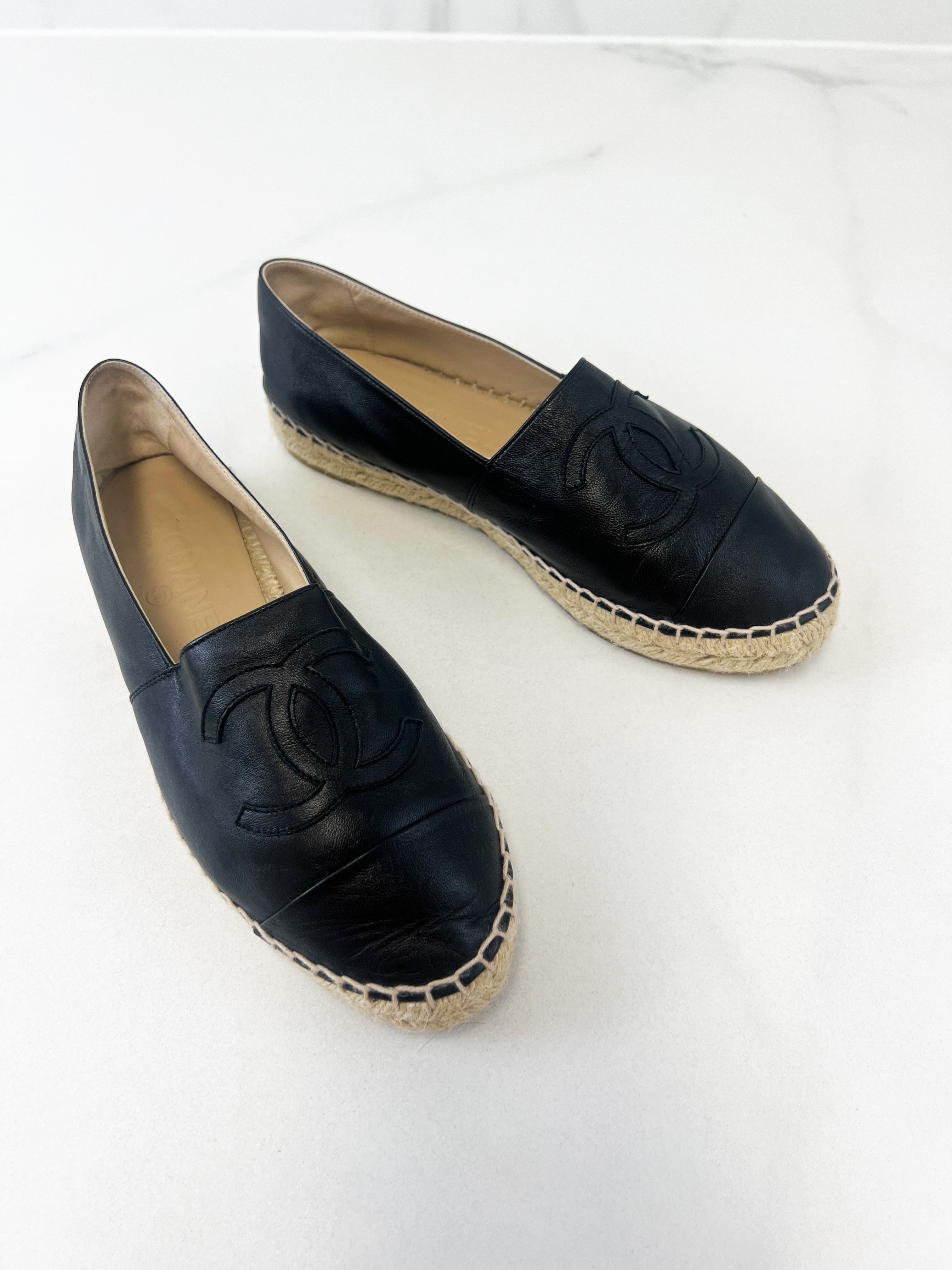 Chanel CC Logo Black Leather Espadrilles Size 37