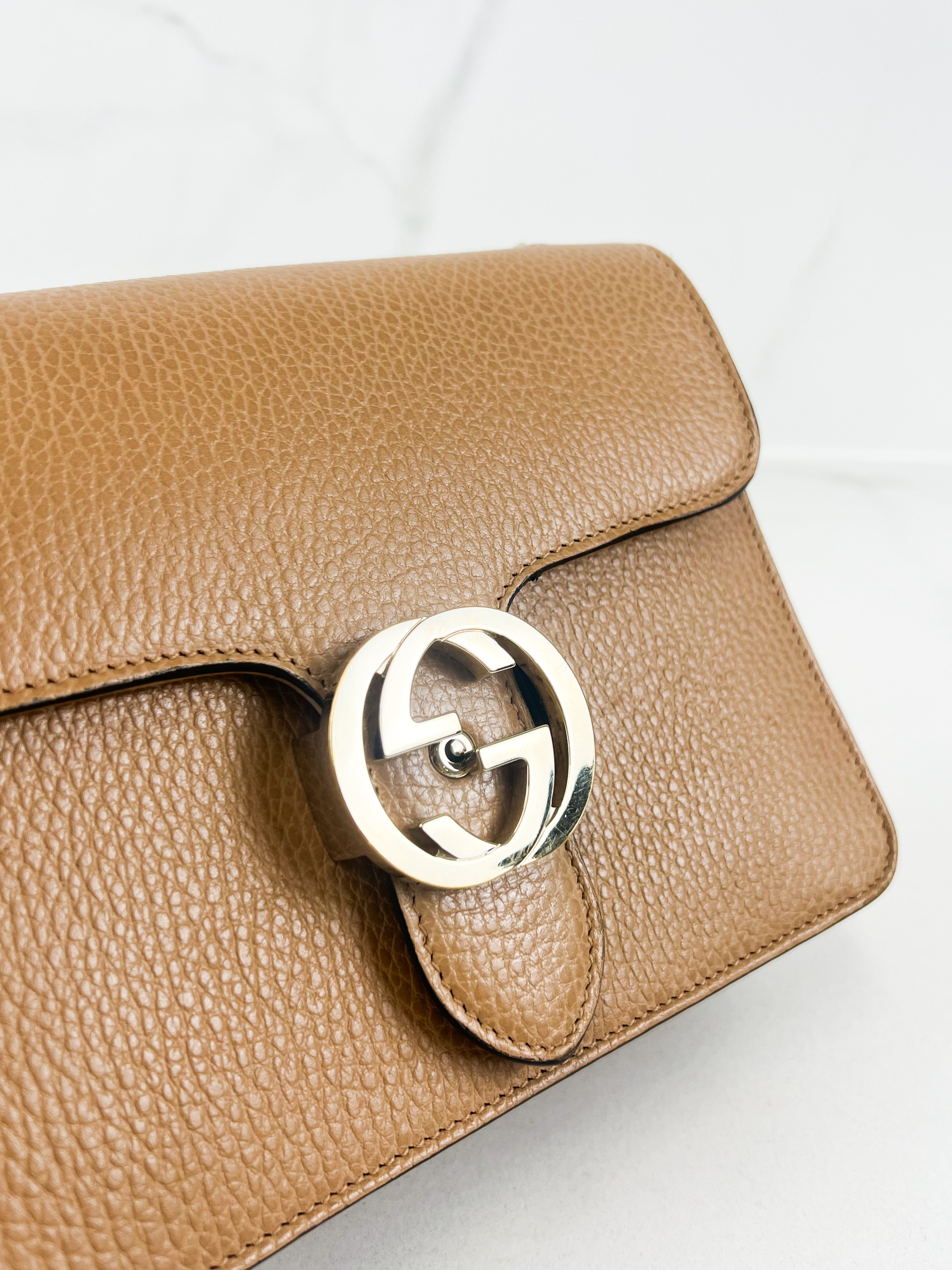 Gucci GG Interlocking Small Leather Shoulder Bag in Beige