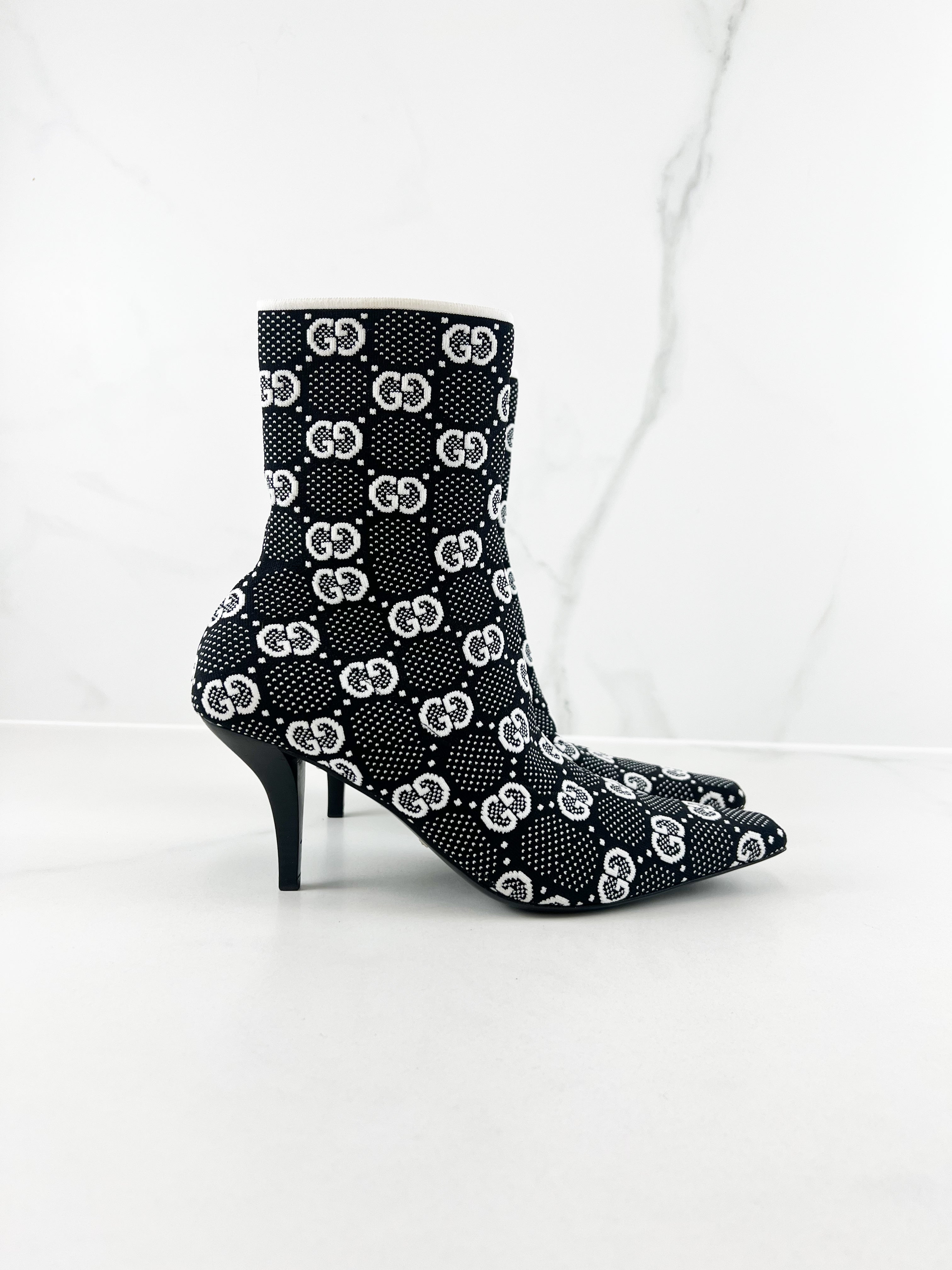 Gucci GG Logo Knit Ankle Boots in Black & White Size 39