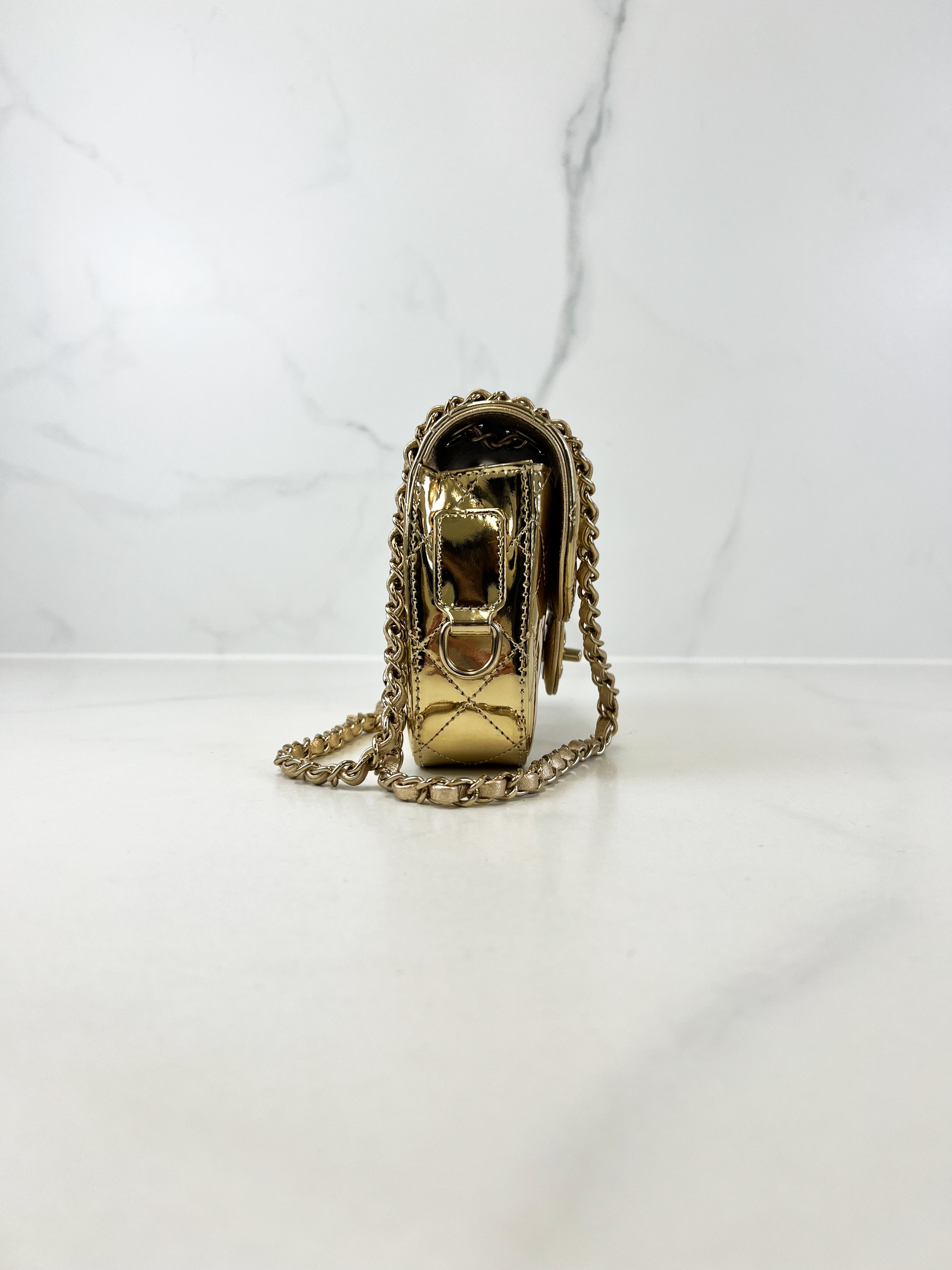 Chanel Patent Mini Square in Gold with GHW