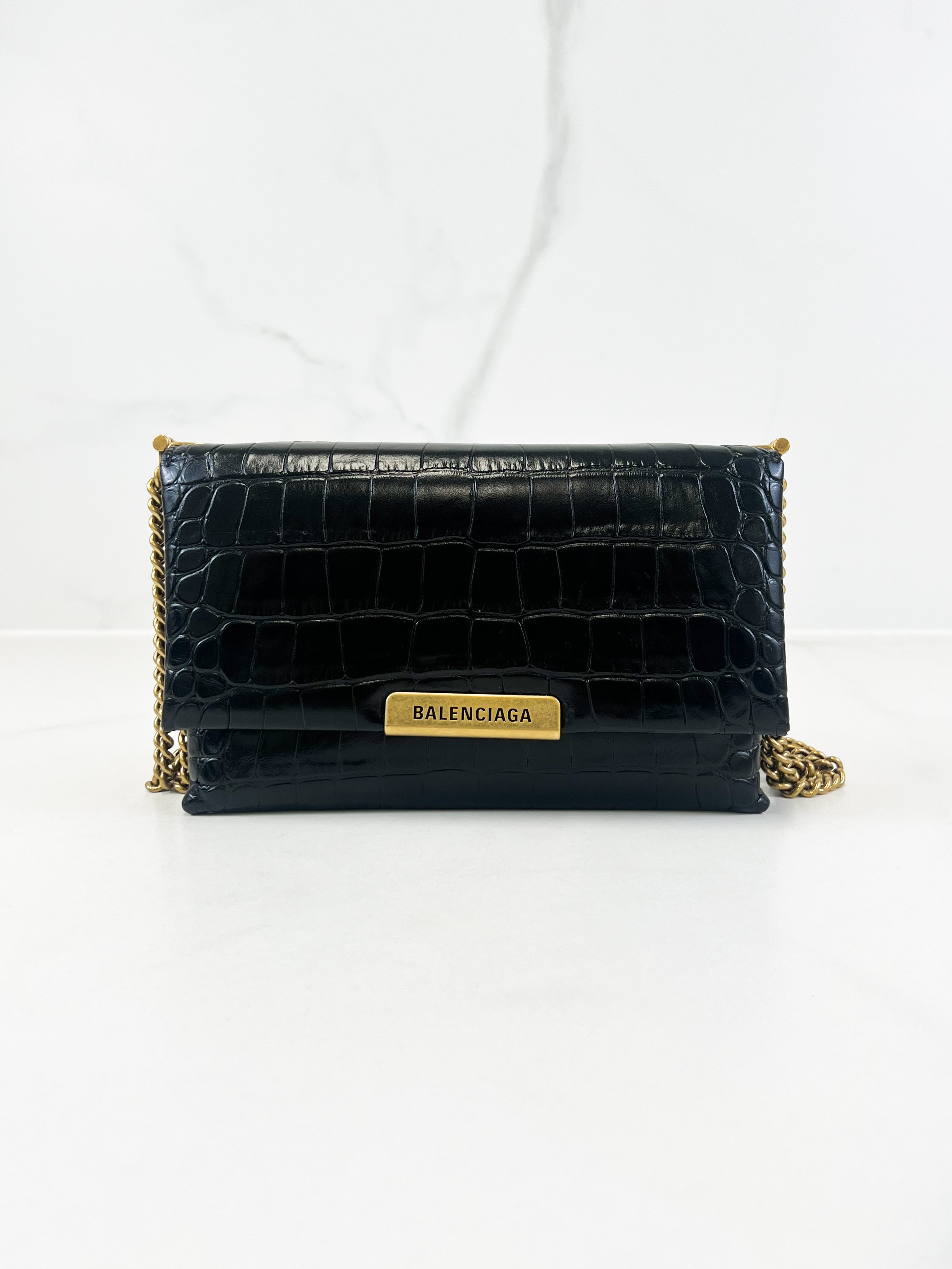 Balenciaga Triplet Croc Embossed Leather Shoulder Bag