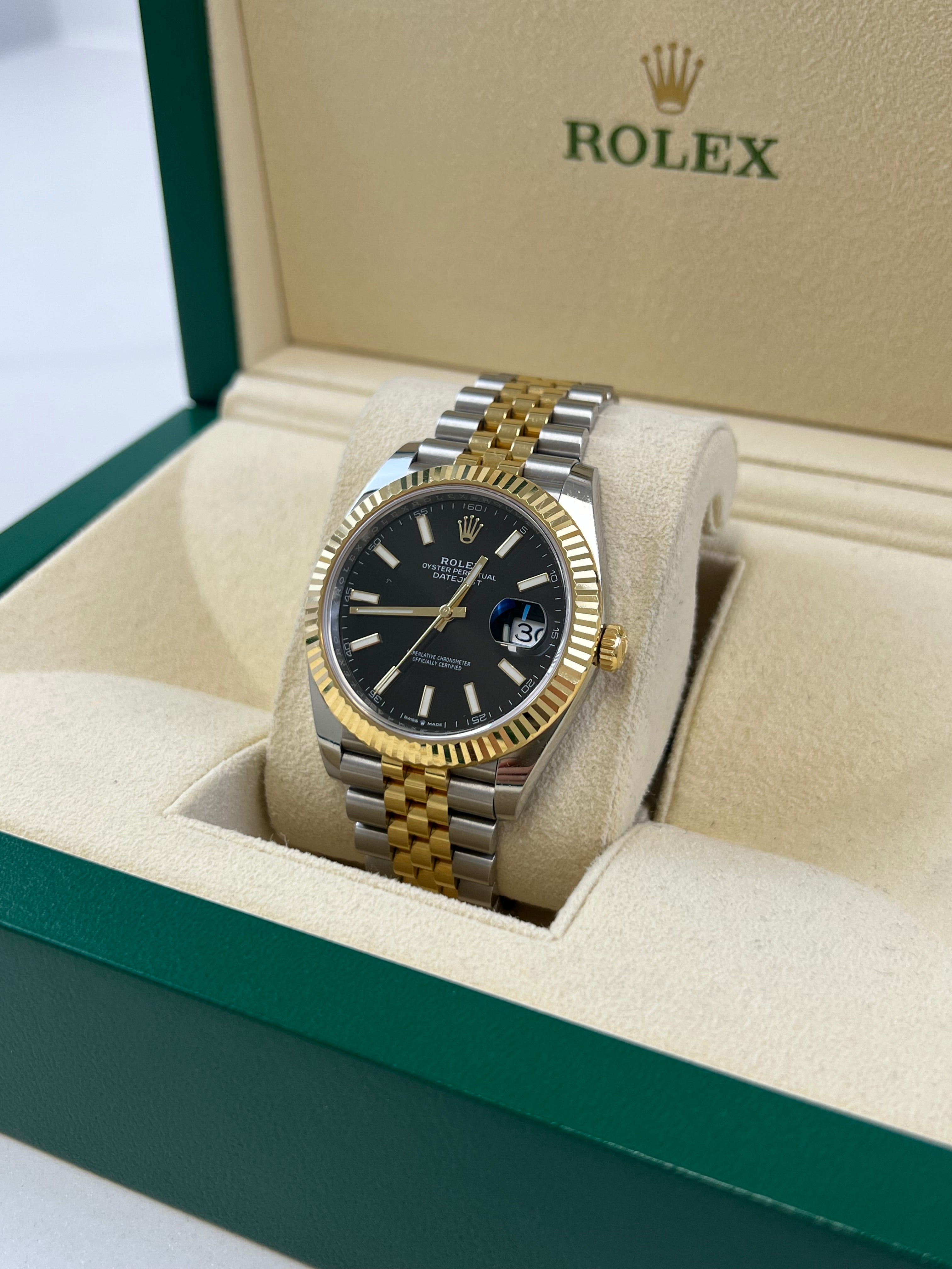 Rolex Datejust 41mm Fluted Bezel Jubilee Bracelet Black Face Stick Dial
