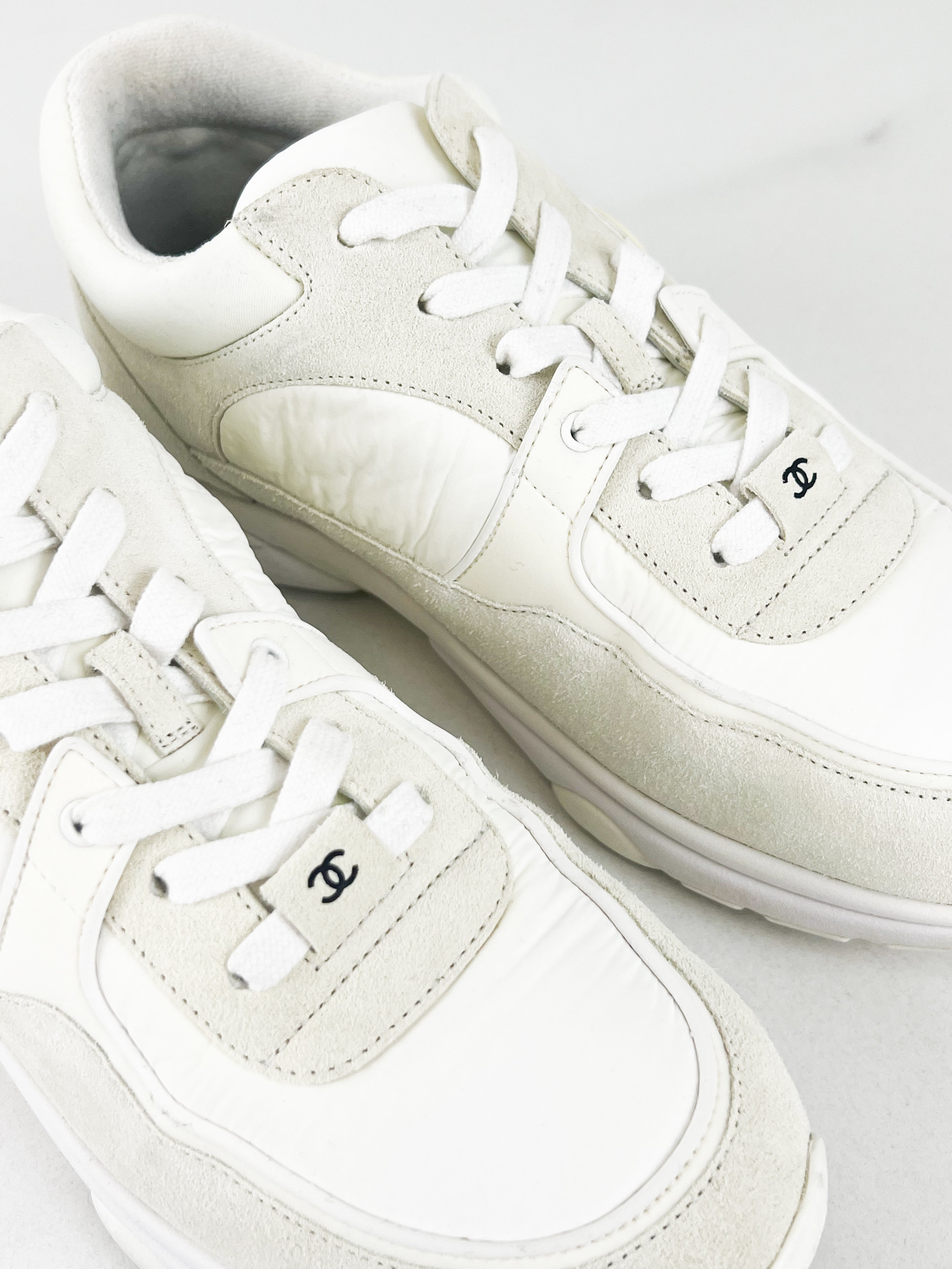 Chanel CC White Reflective Sneakers in Size 39.5