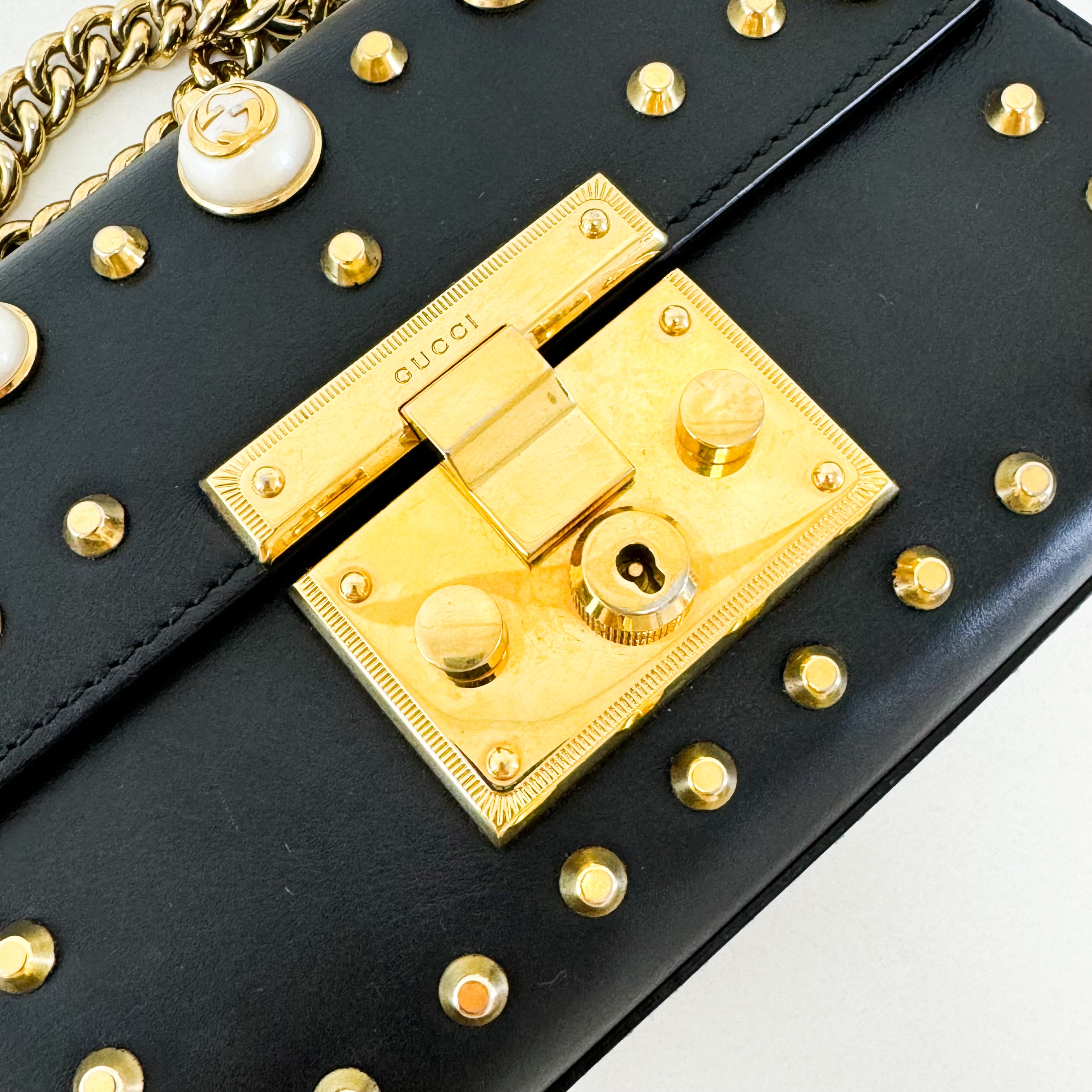Gucci GG Black Pearl Stud Padlock Shoulder Bag