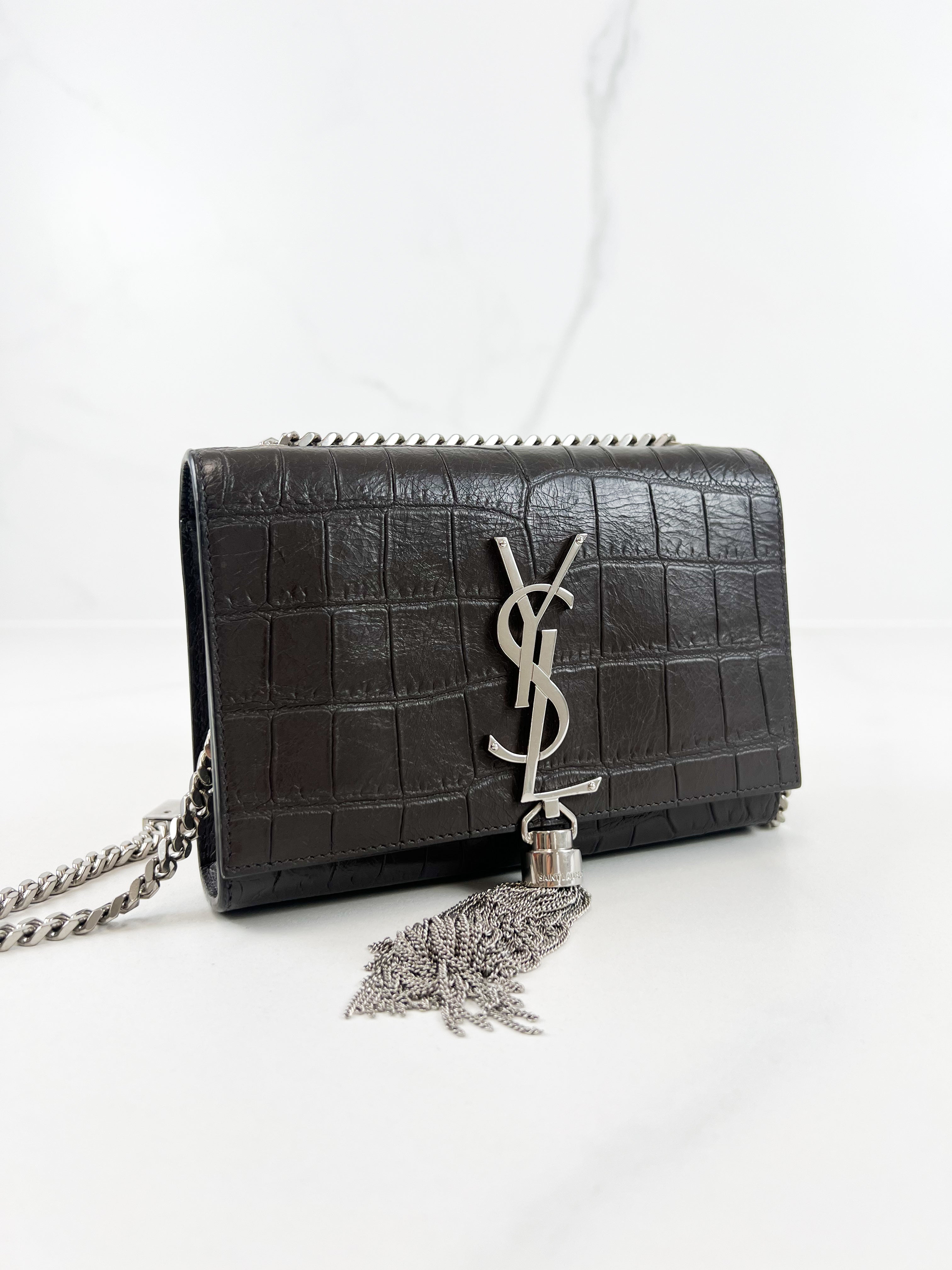 Saint Laurent Mini Kate Croc Embossed with SHW Tassel in Charcoal Brown