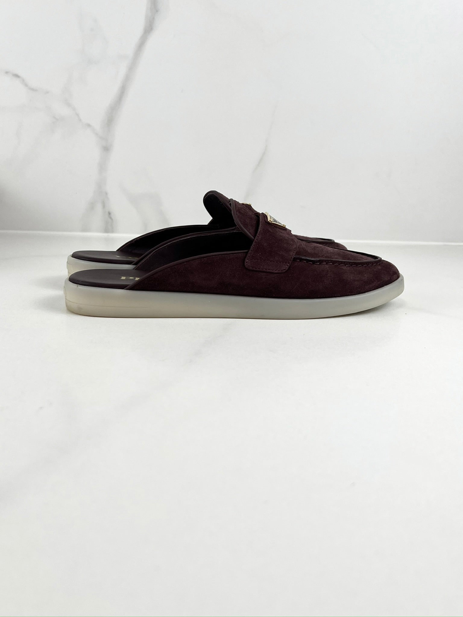 Prada Burgundy Suede Logo Mules Size 38