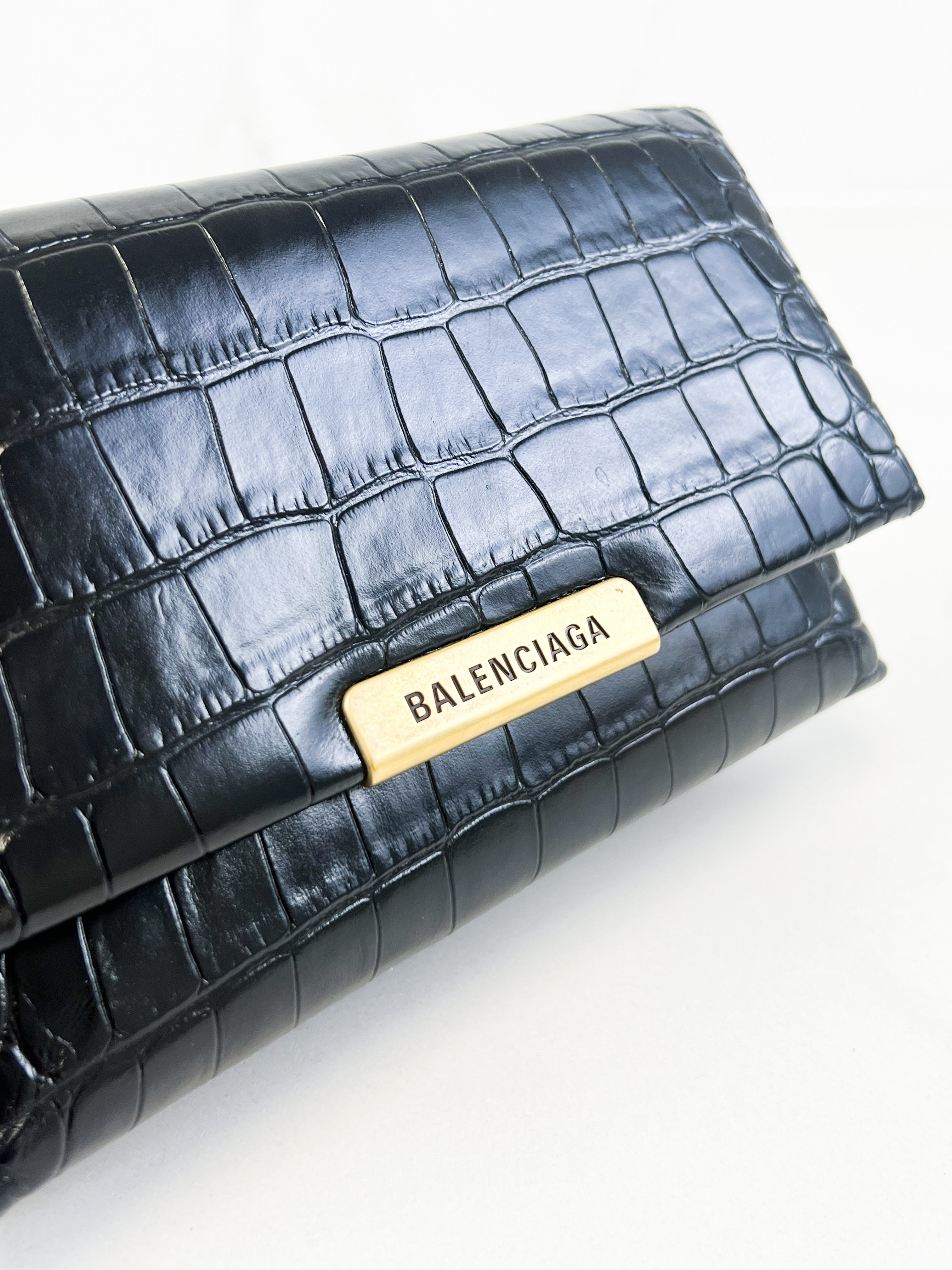 Balenciaga Triplet Croc Embossed Leather Shoulder Bag