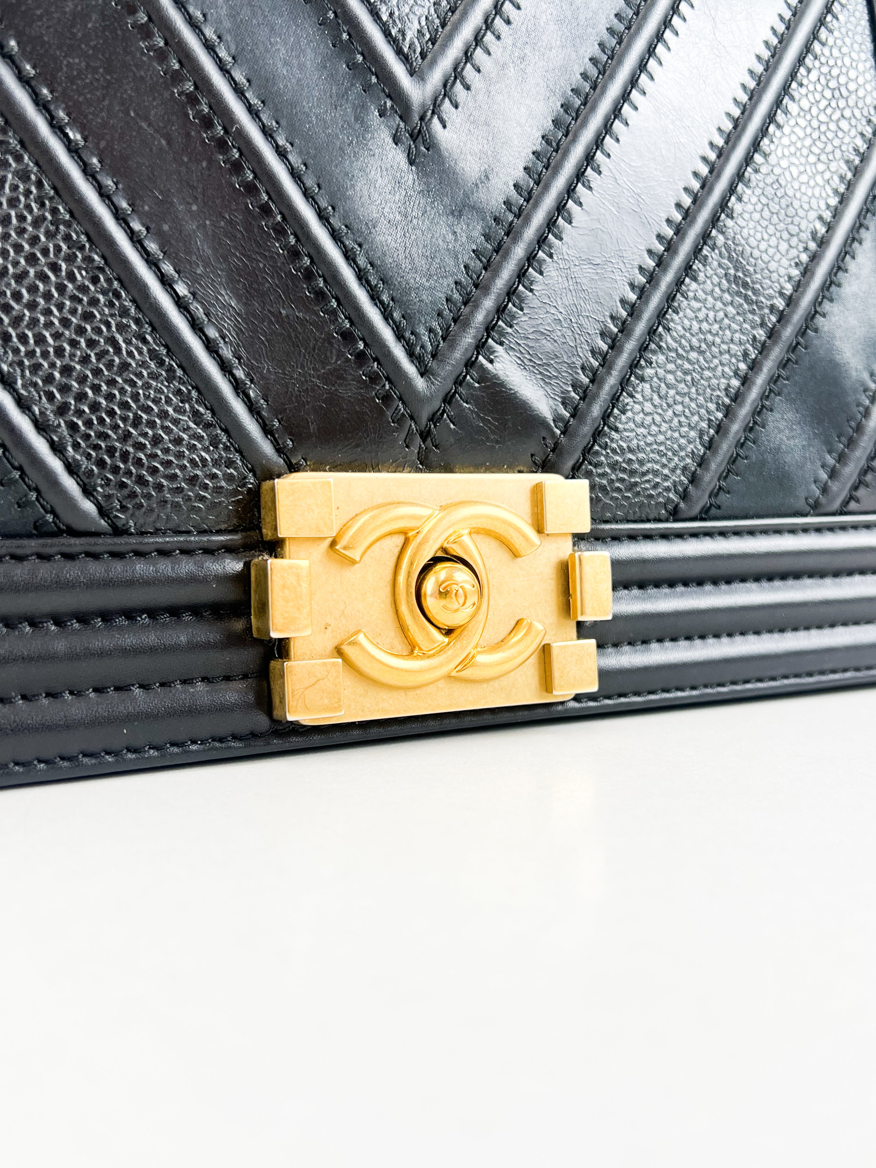 Chanel Old Medium Boy Bag in Black Chevron Calfskin with Vintage GHW