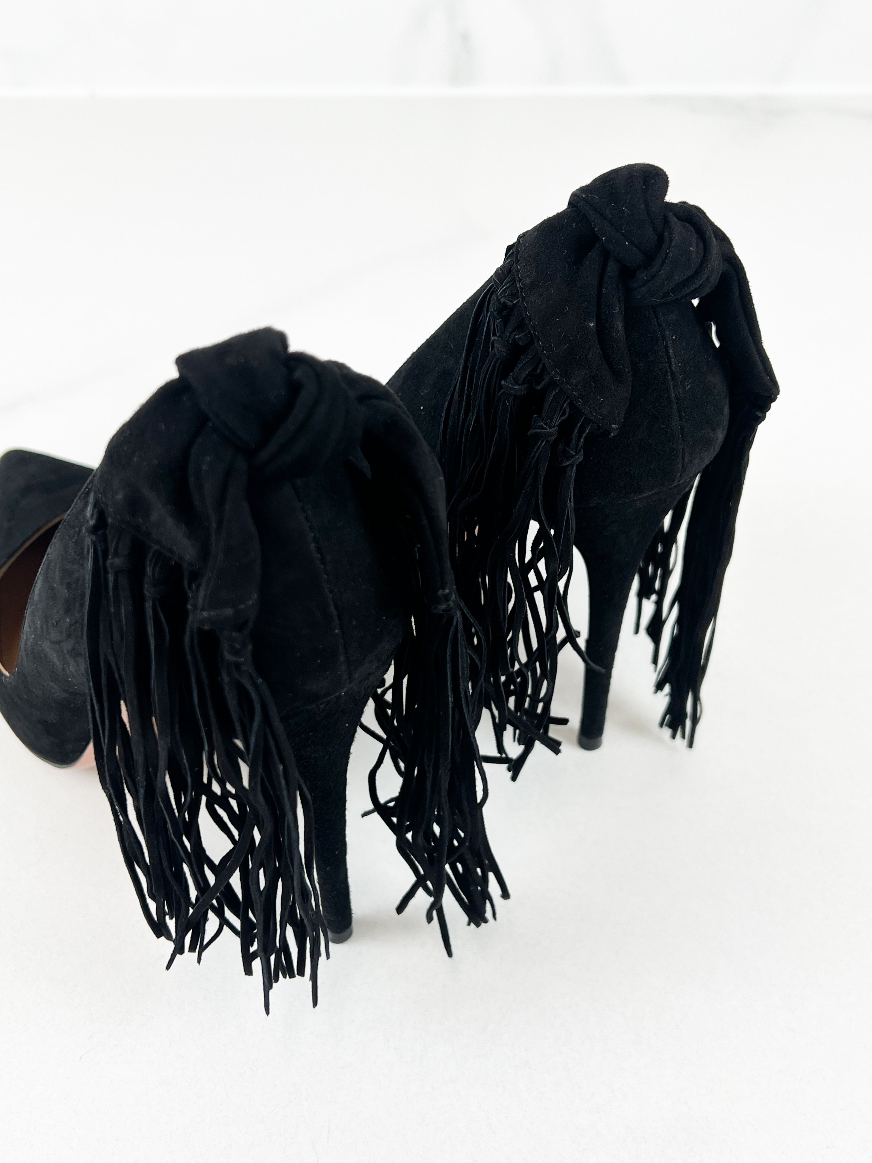 Aquazzura Black Suede Fringe Tie Pumps 105 Size 39