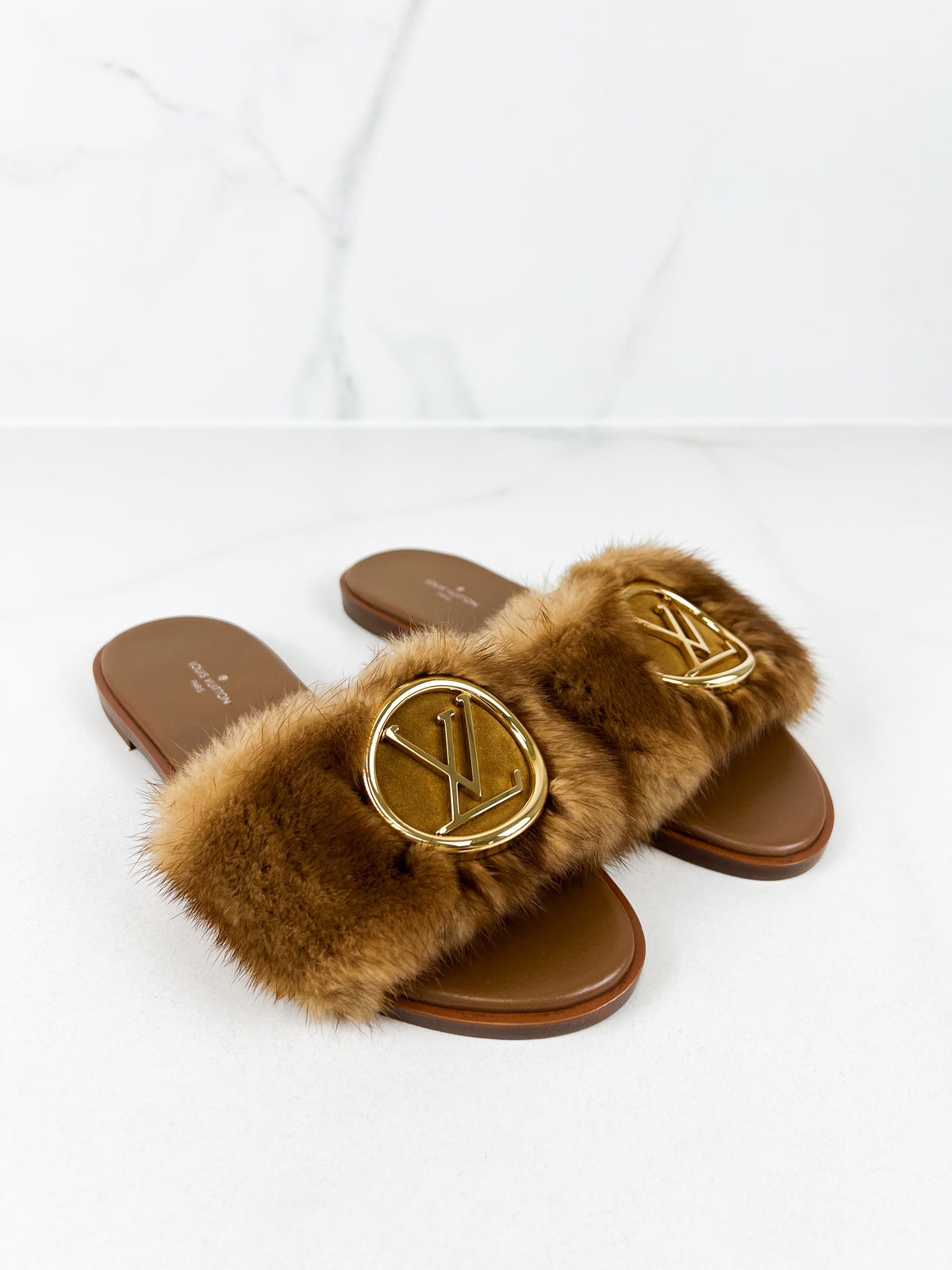 Louis Vuitton Lock It Brown Shearling Flat Slide Size 37