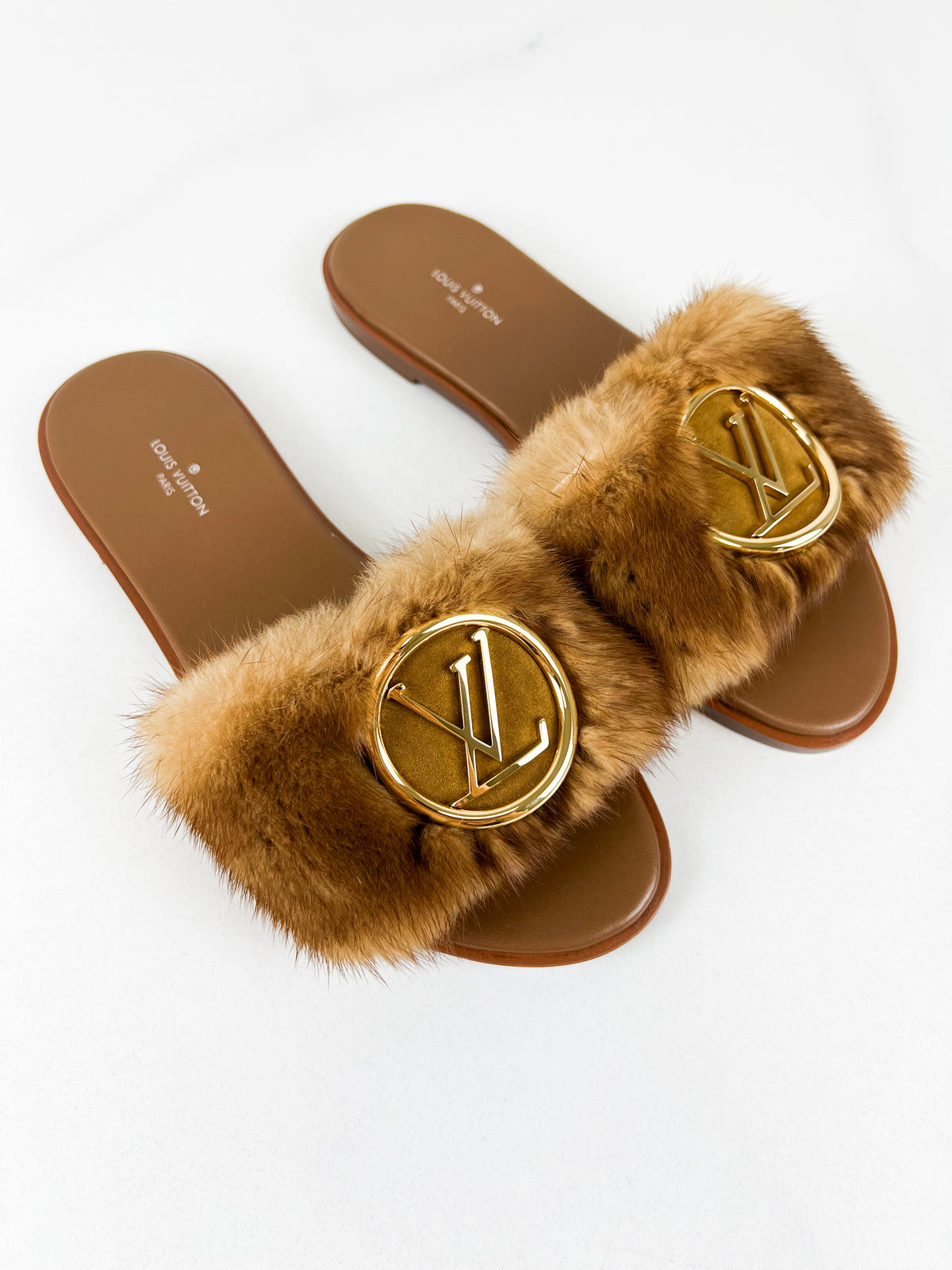 Louis Vuitton Lock It Brown Shearling Flat Slide Size 37