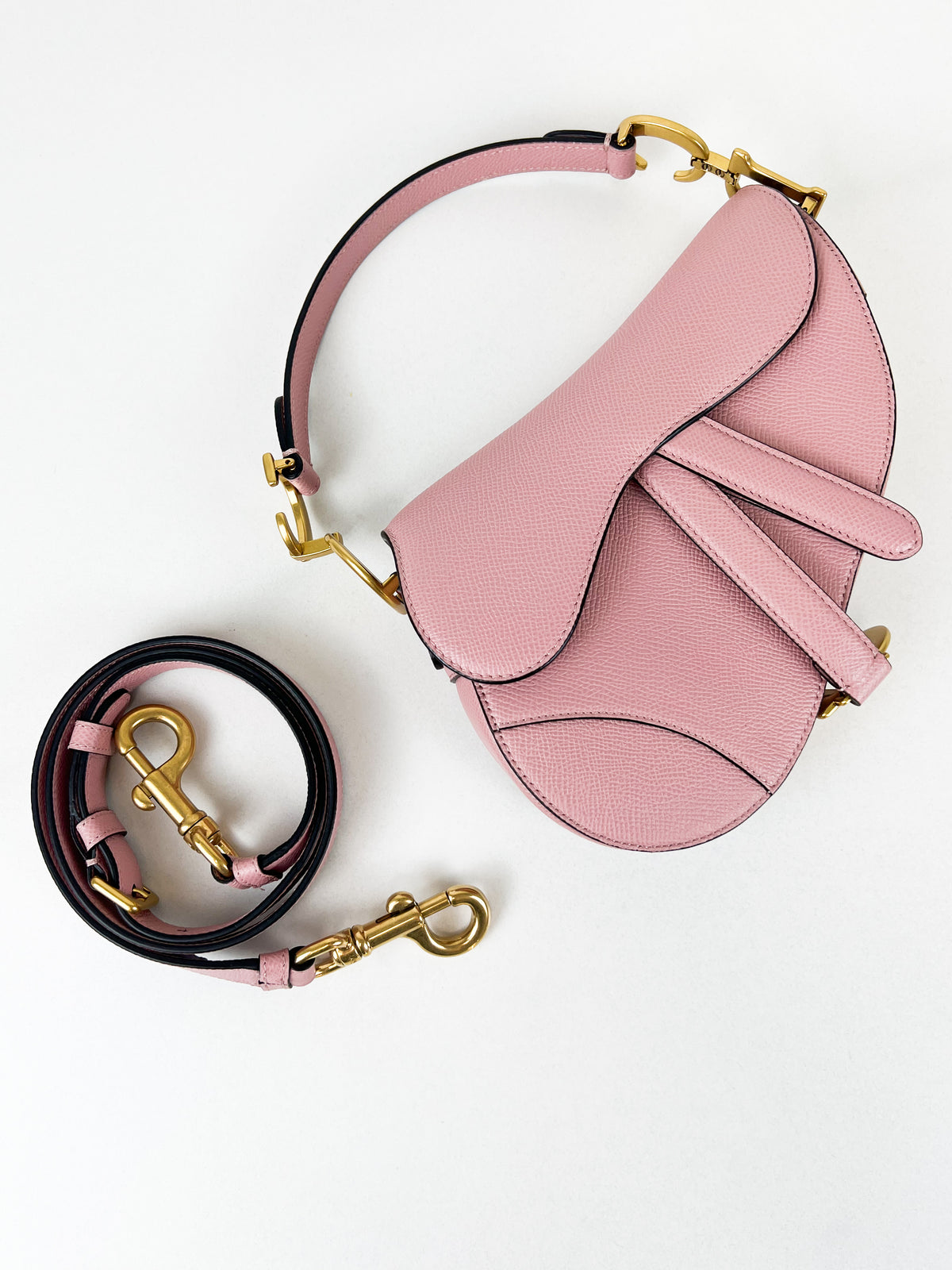 Christian Dior Mini Saddle in Powder Pink Grained Calf Skin Leather with Detachable Long Strap