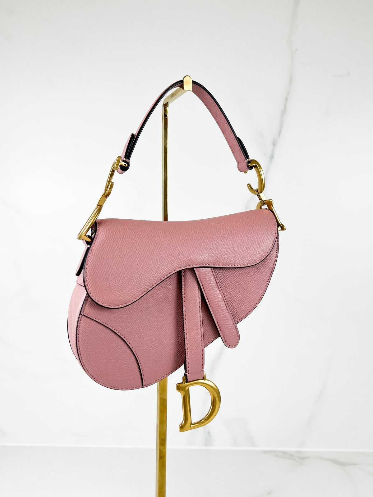 Christian Dior Mini Saddle in Powder Pink Grained Calf Skin Leather with Detachable Long Strap