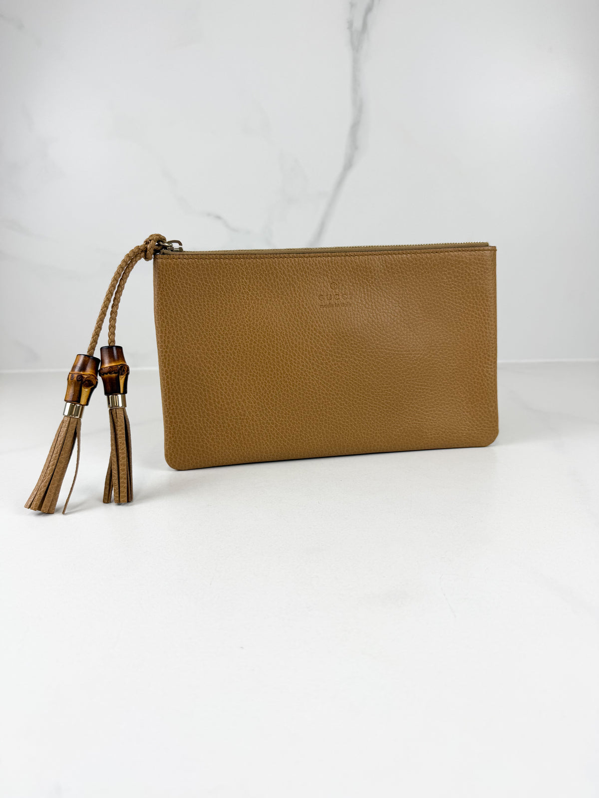 Gucci Bamboo Tassel Pouch Taupe Grained Leather