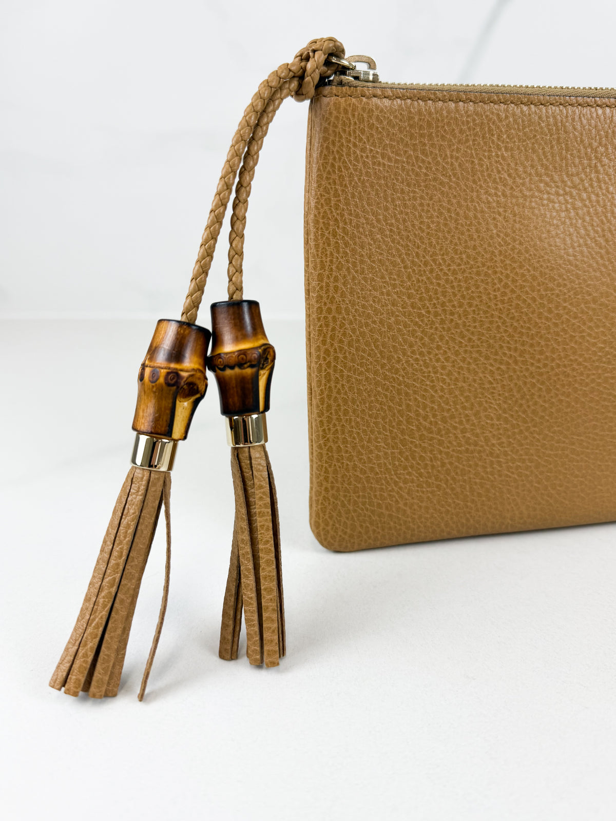 Gucci Bamboo Tassel Pouch Taupe Grained Leather
