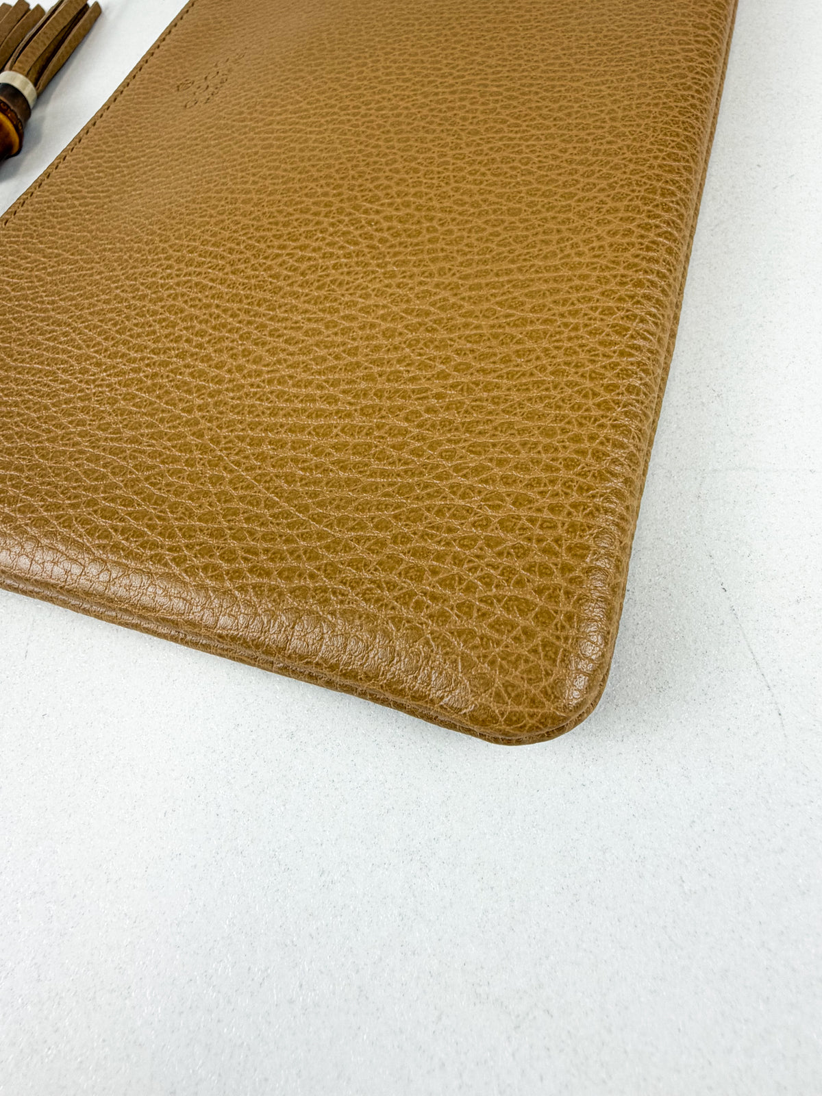 Gucci Bamboo Tassel Pouch Taupe Grained Leather