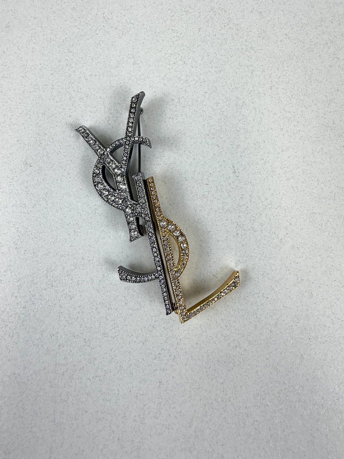 Saint Laurent YSL Logo Brooch in two-tone Gold & Silver with Diamantés