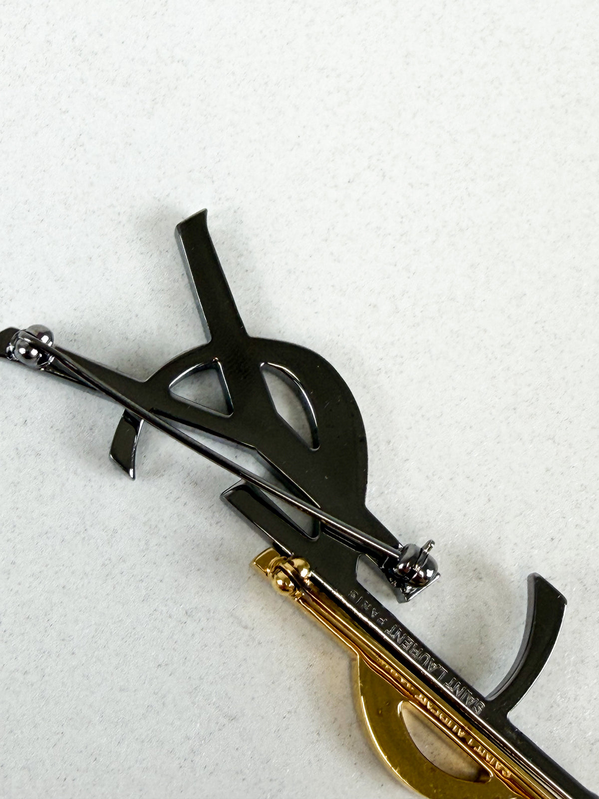 Saint Laurent YSL Logo Brooch in two-tone Gold & Silver with Diamantés