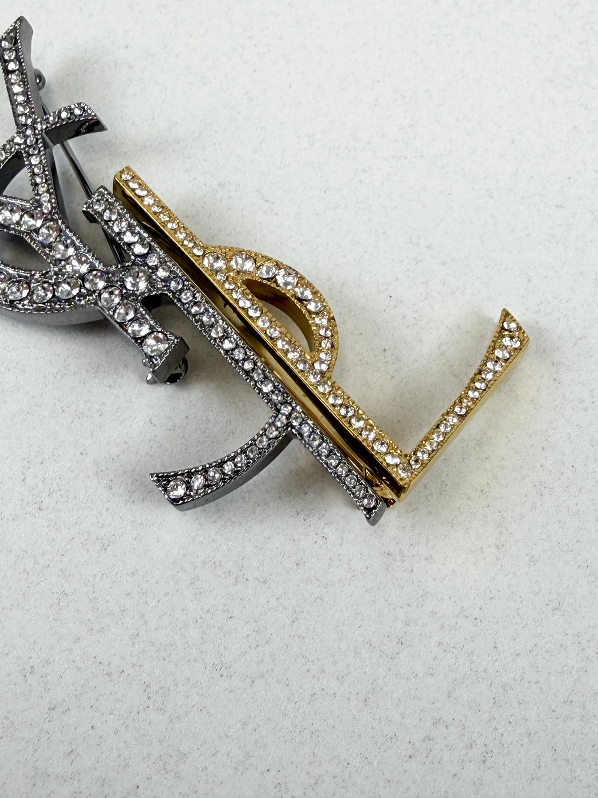 Saint Laurent YSL Logo Brooch in two-tone Gold & Silver with Diamantés