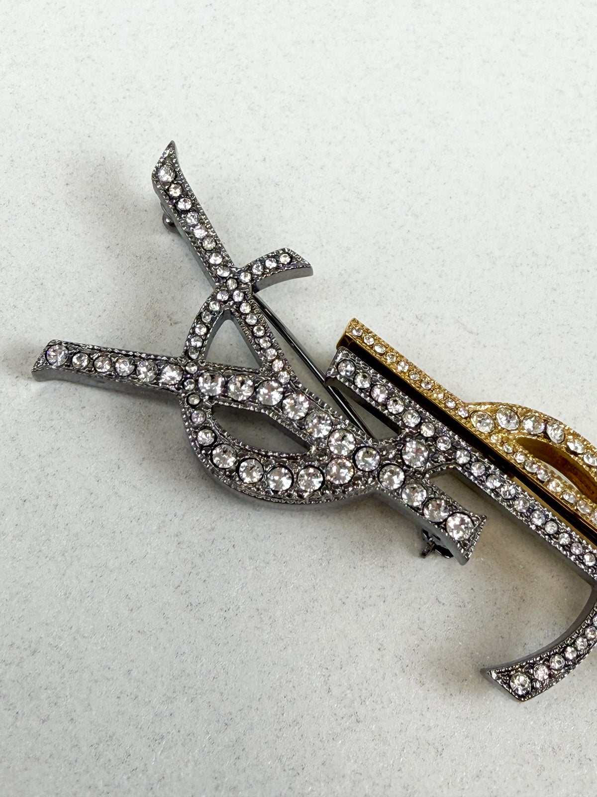 Saint Laurent YSL Logo Brooch in two-tone Gold & Silver with Diamantés