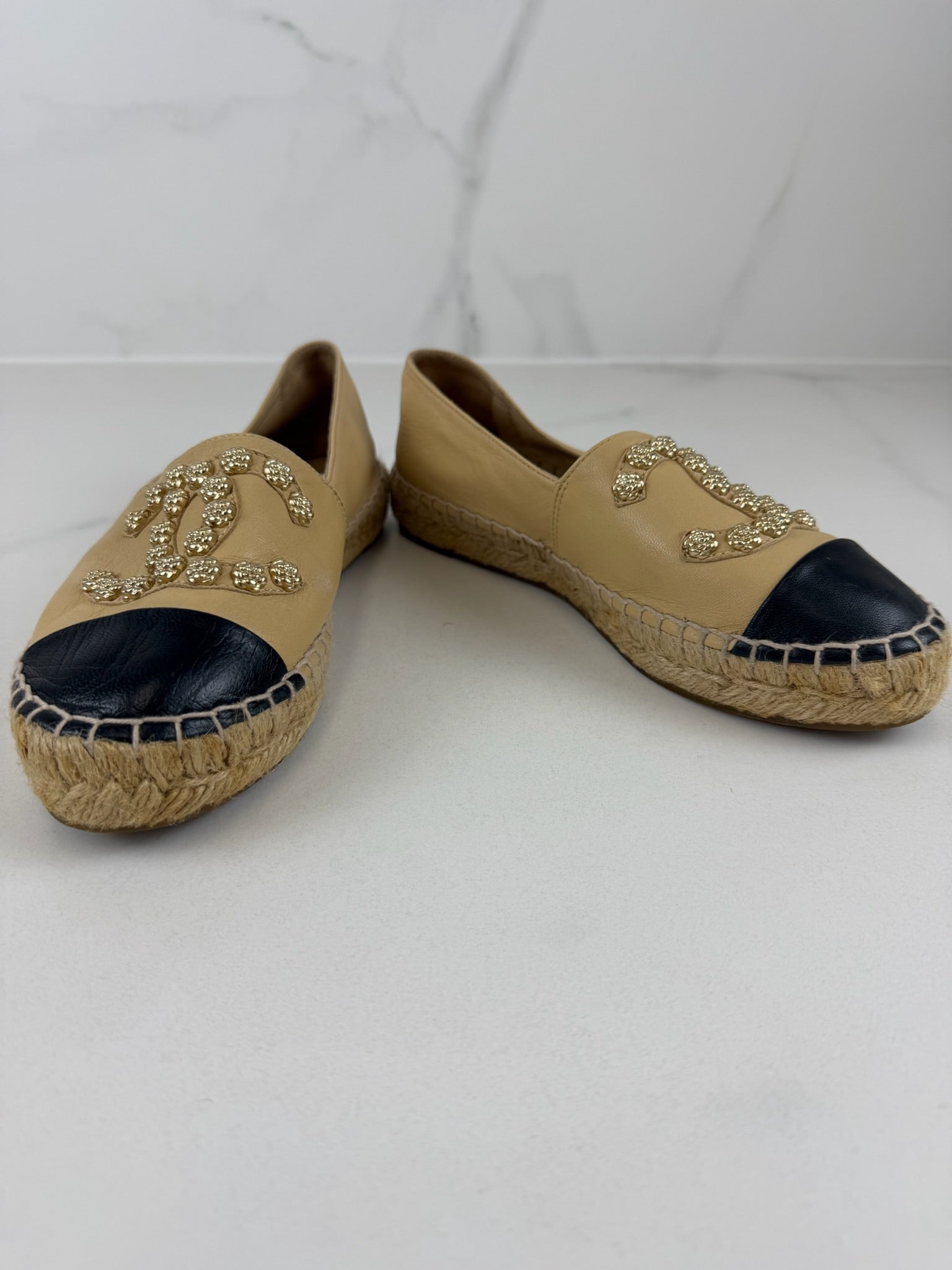 Chanel Beige Leather Studded CC Espadrilles Size 36