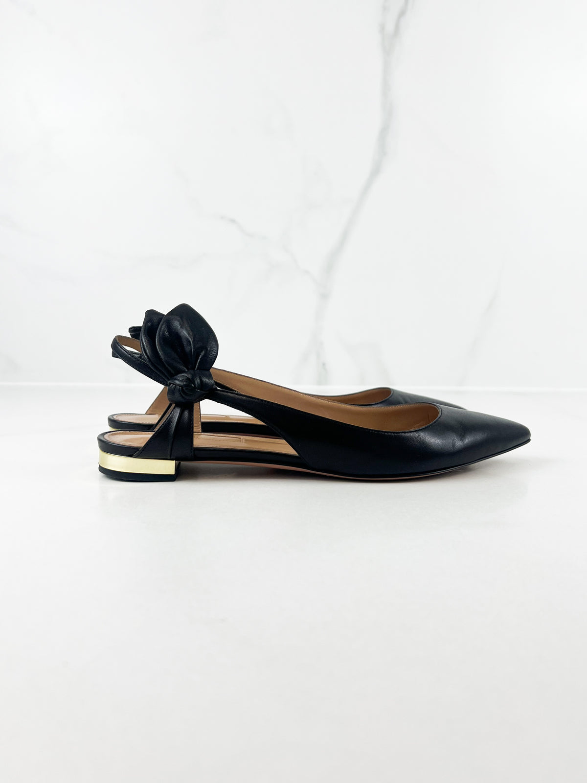 Aquazzura Bow Tie Ballet Flat in Black Leather Size 37
