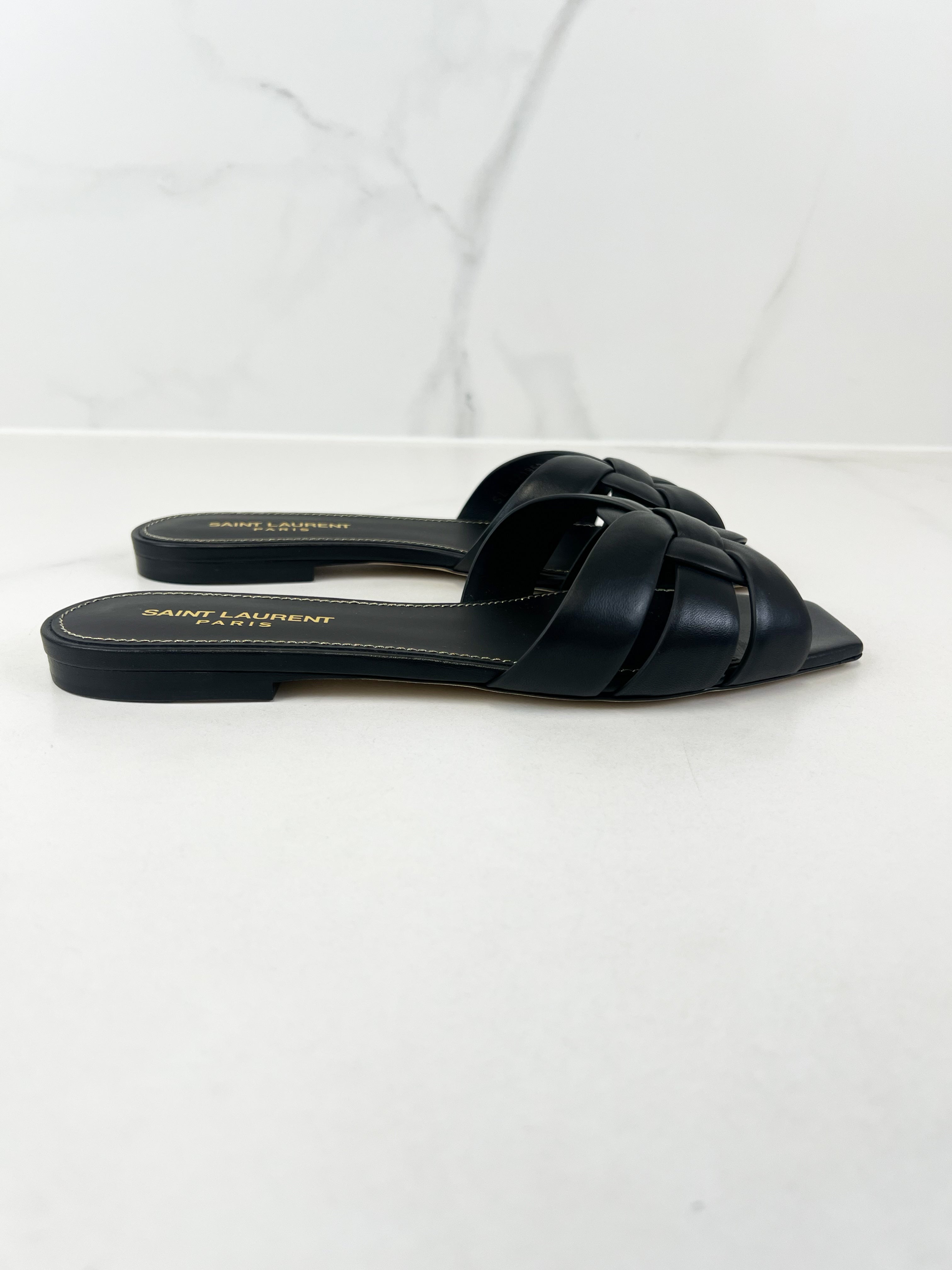 Saint Laurent Black Tribute Flat Mules Size 38
