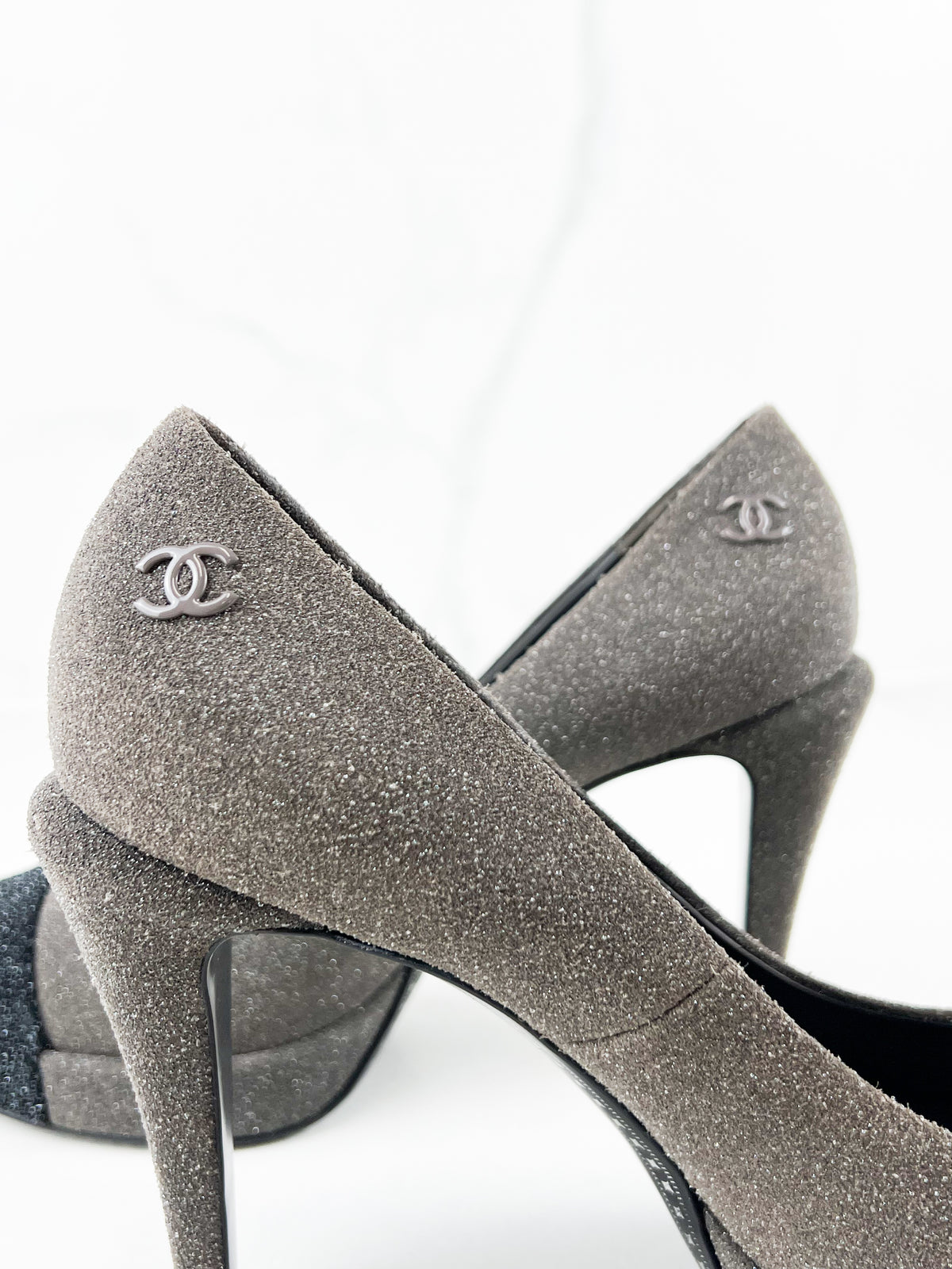 Chanel Black and Grey Glitter Cap-Toe Platform Pumps in Size 39.5