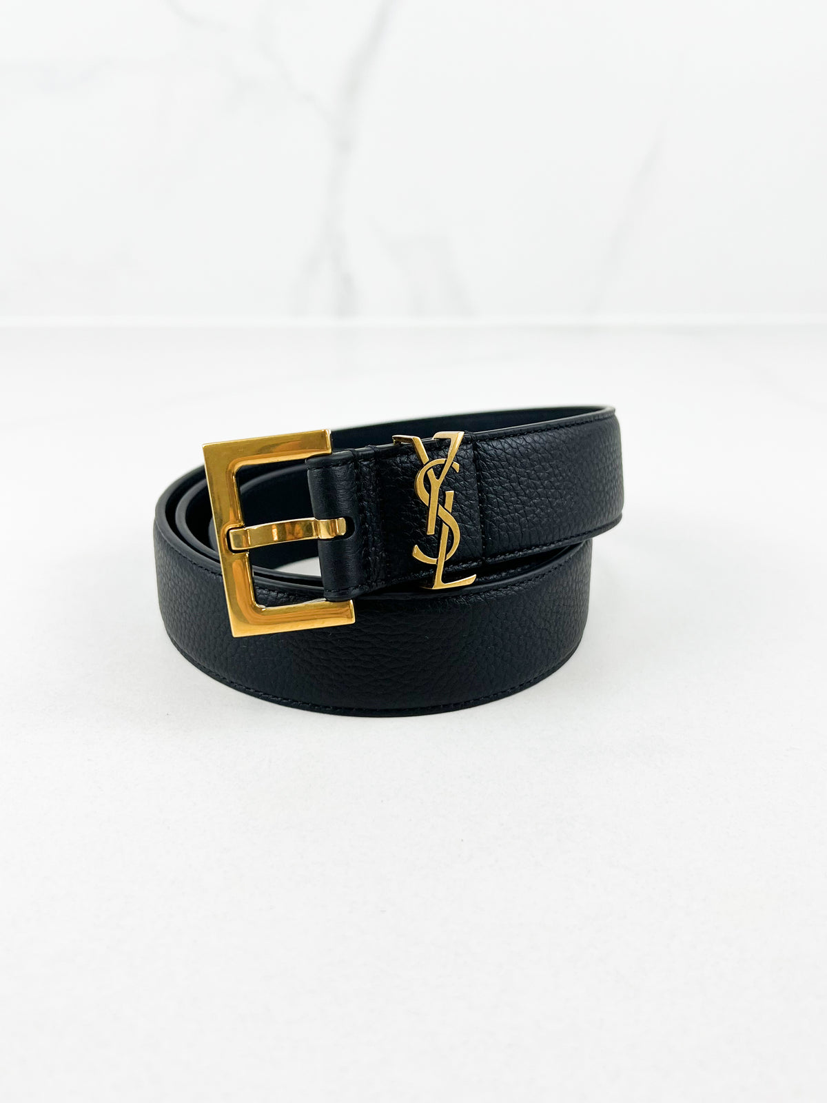 Saint Laurent Cassandre Black Leather Belt with GHW Size 90
