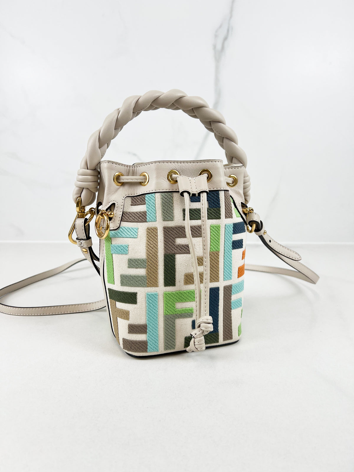 Fendi FF Multicolour Embroidred Mon Tresor Bucket Bag with Braided White Leather Handle
