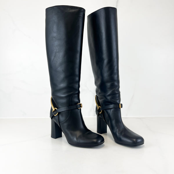 Gucci Black Leather Horsebit Tess Tall Boots Size 36