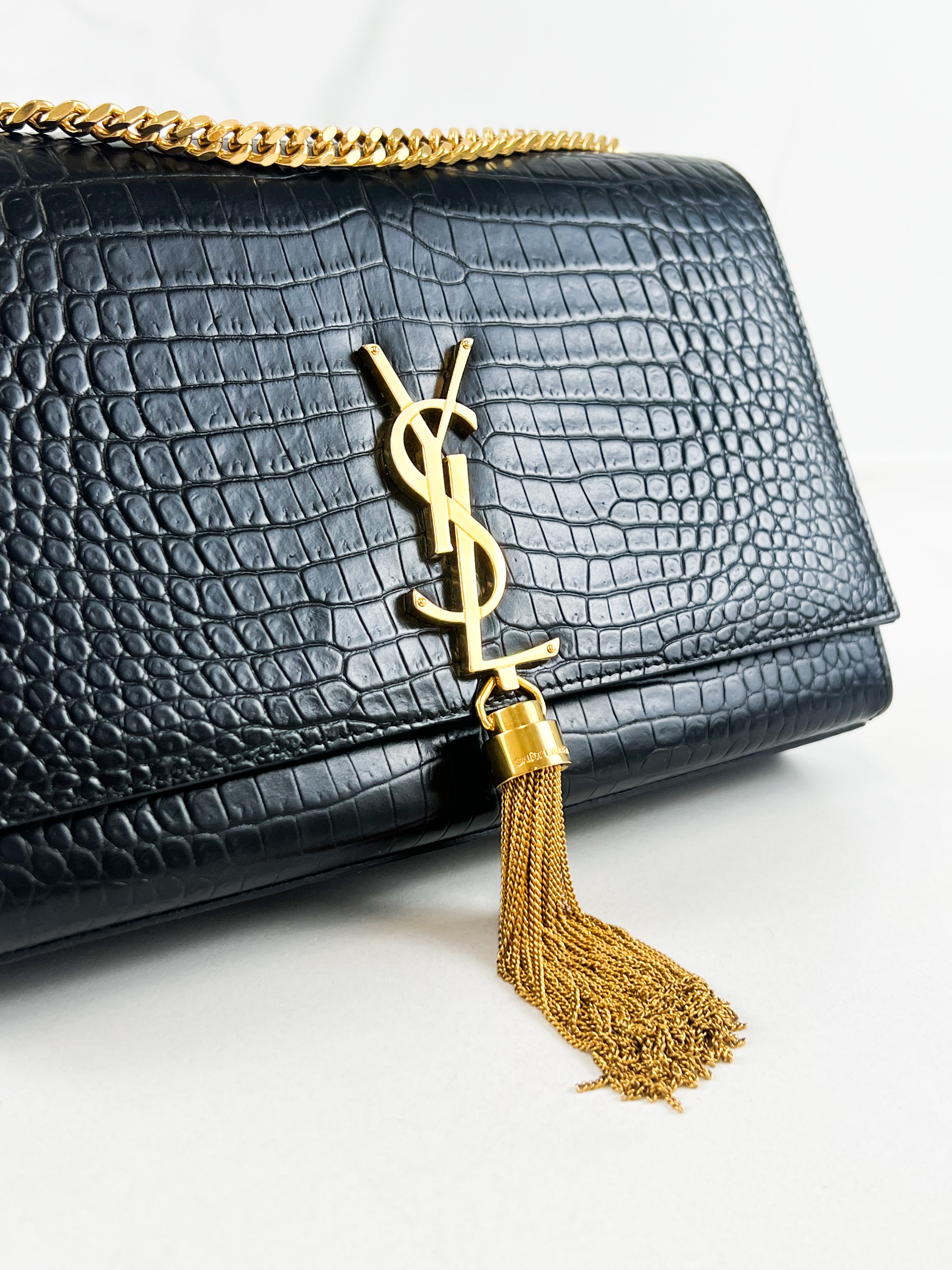 Saint Laurent Black Kate Medium Chain Bag with Tassel in Embossed Croc Leather