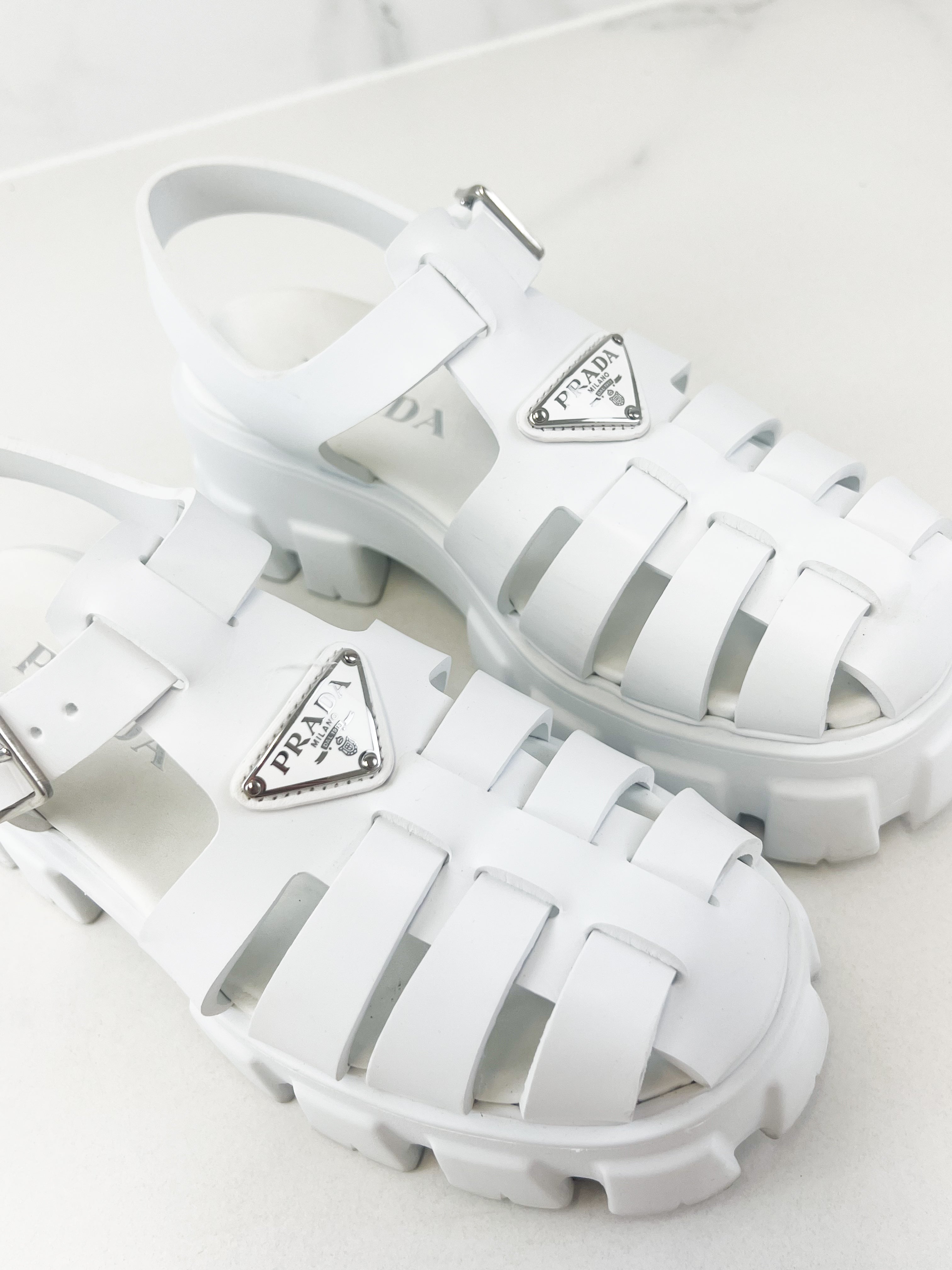 Prada White Logo Rubber Monolith Sandals in Size 38