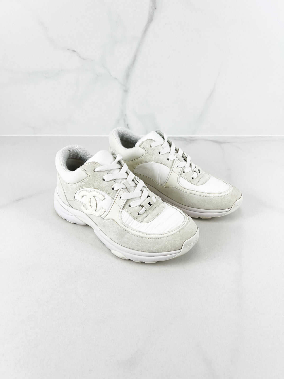 Chanel Fabric & Suede CC Low Top Sneakers In Ivory Size 37.5