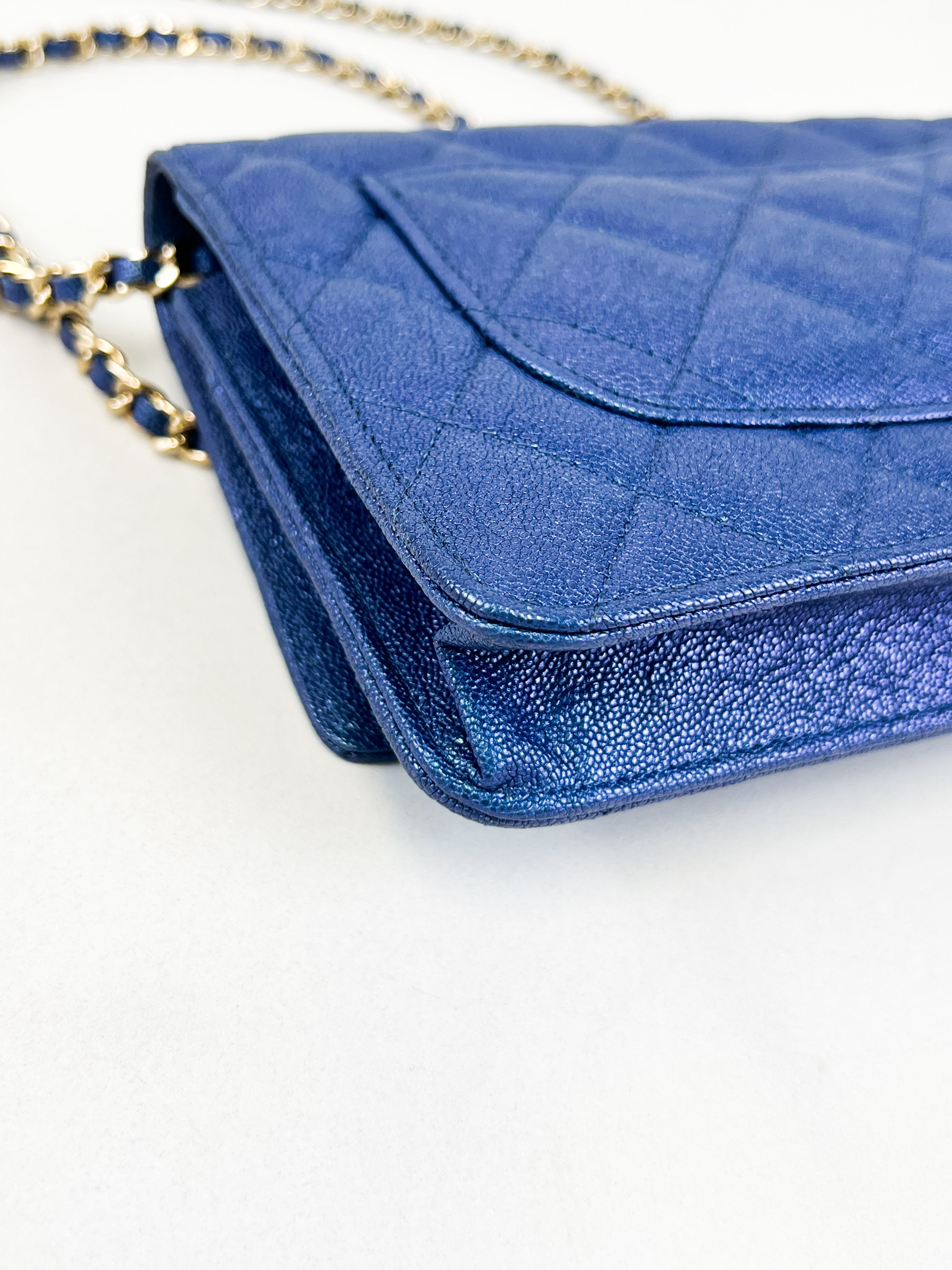 Chanel Metallic Blue Caviar Wallet on Chain with GHW