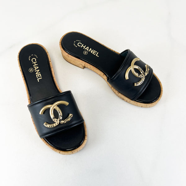 Chanel Black Leather CC Cork Slide Sandal Size 39
