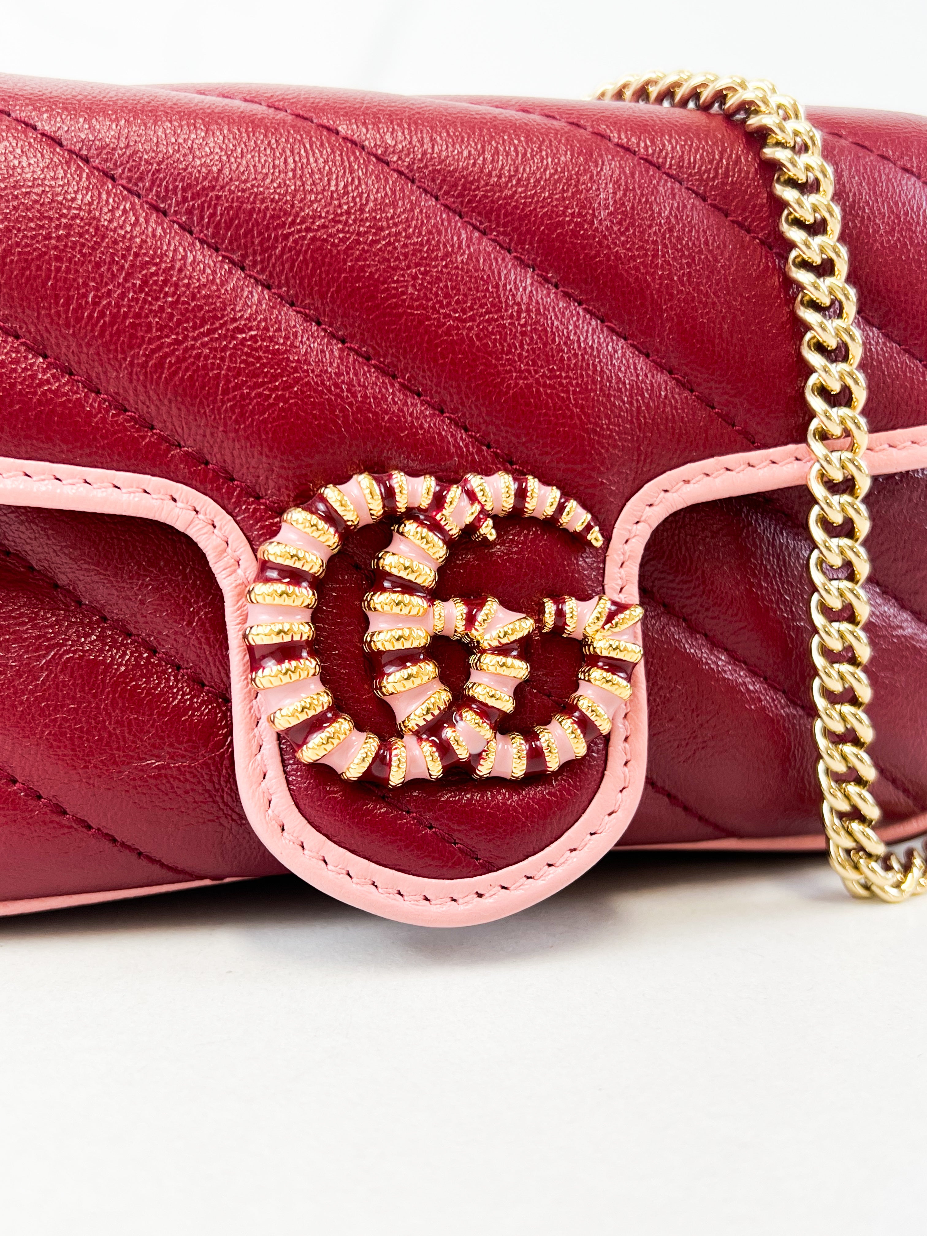 Gucci Super Mini Marmont in Red/Burgundy Matelassé Leather with Light Pink Piping