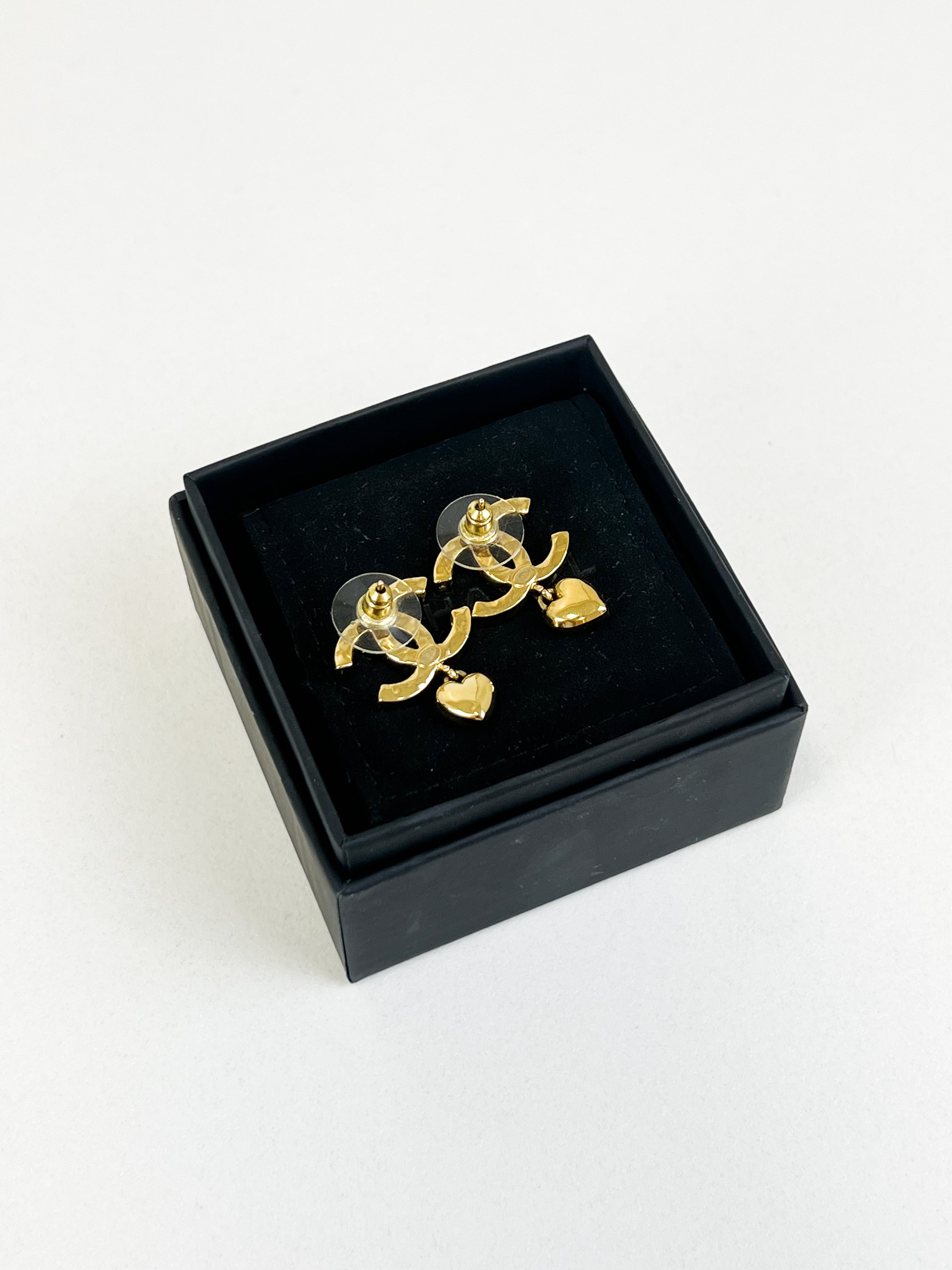 Chanel CC Crystal Stud Earrings with Heart Drop