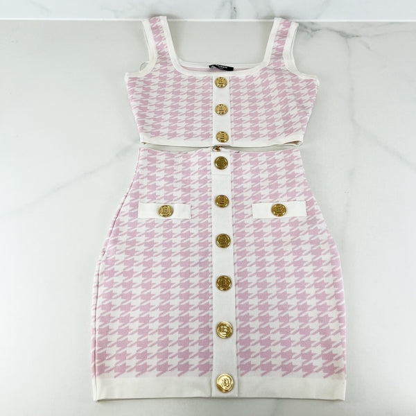 Balmain Print Mini Skirt & Button-Embellished Crop Top Size 36