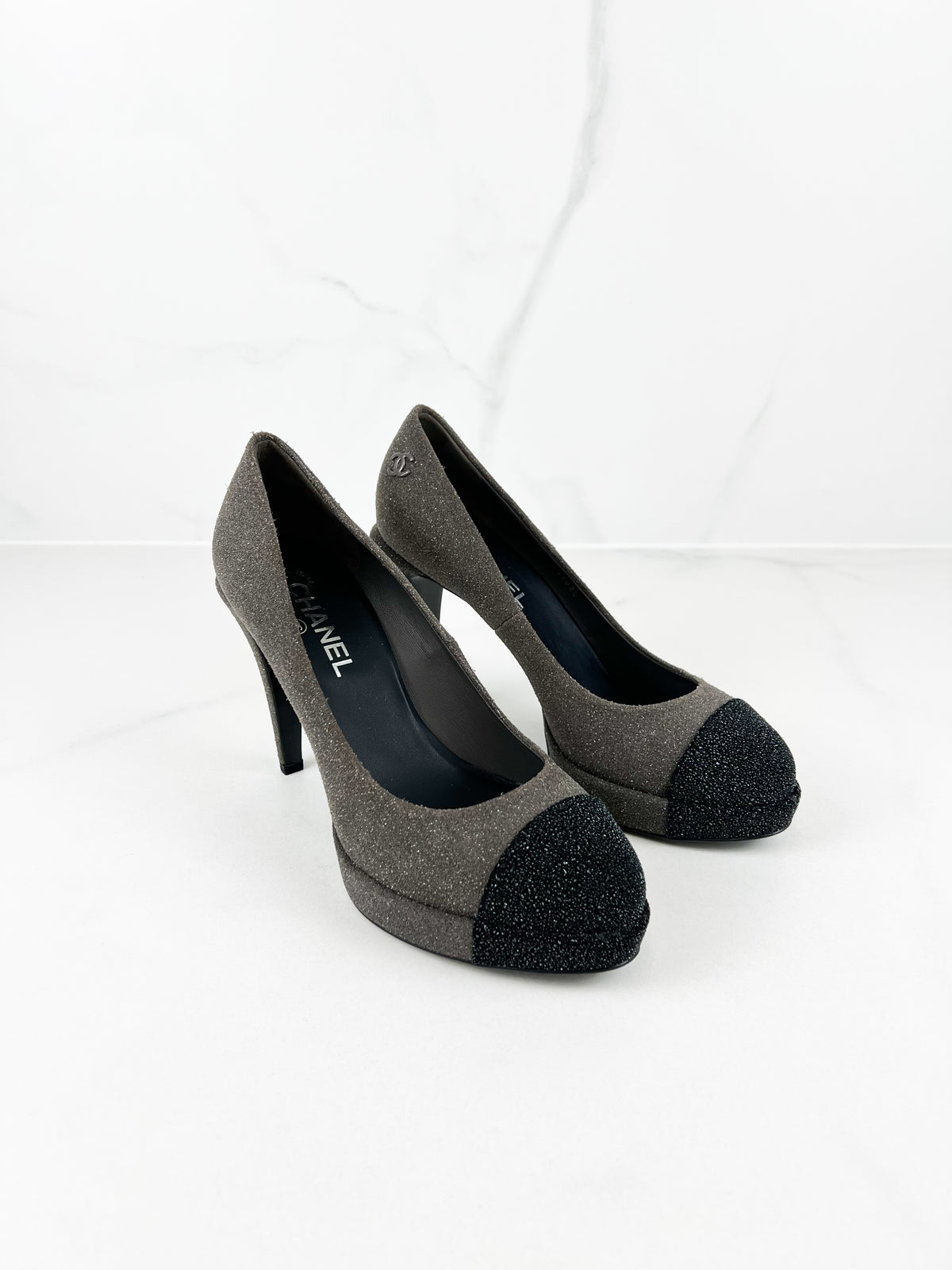 Chanel Black and Grey Glitter Cap-Toe Platform Pumps in Size 39.5
