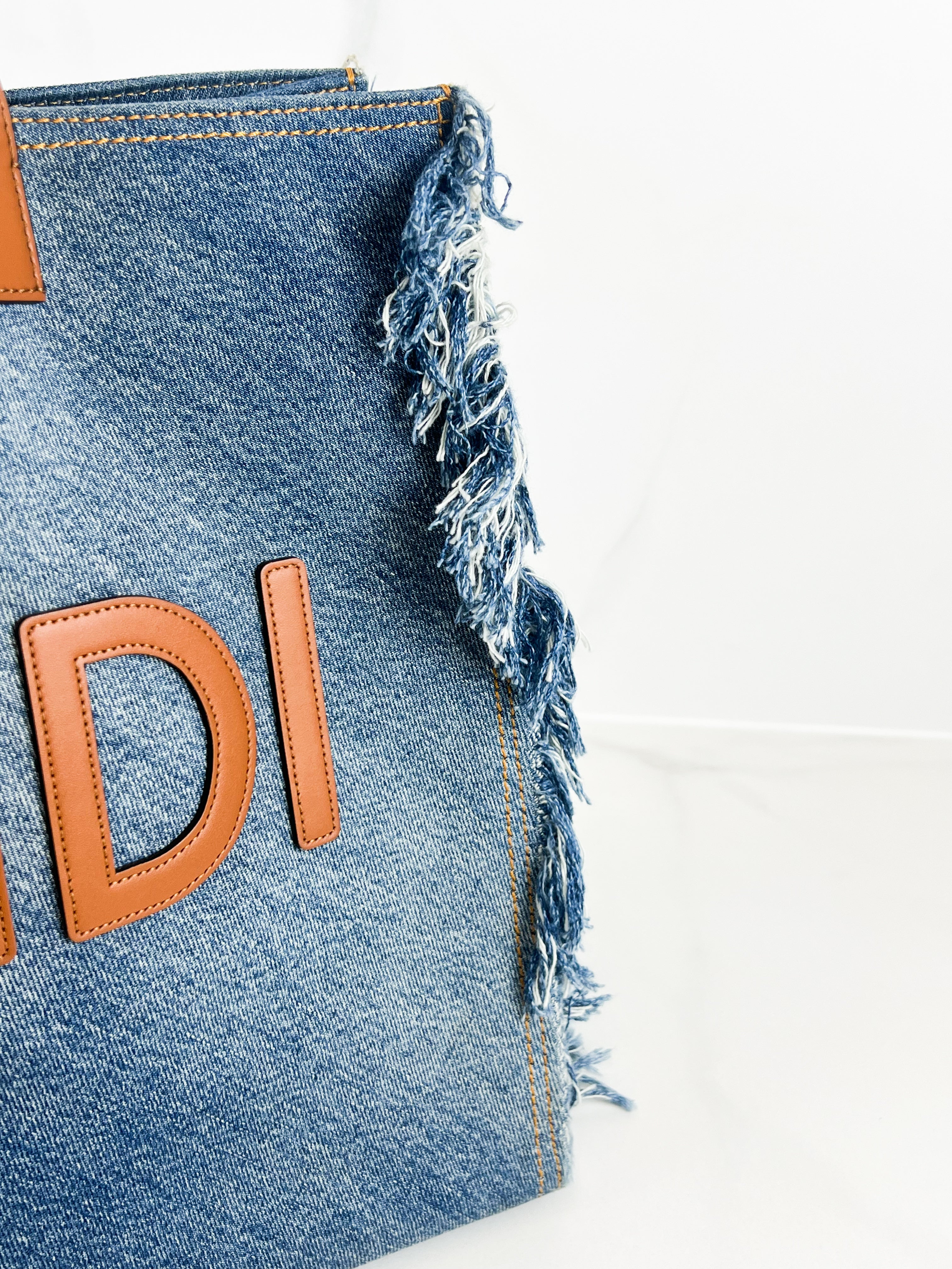 Fendi Blue Denim Fringe Medium Sunshine Tote Bag